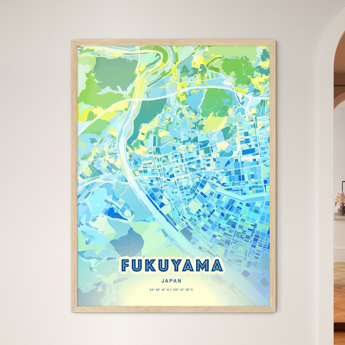 Colorful FUKUYAMA JAPAN Fine Art Map Cool Blue