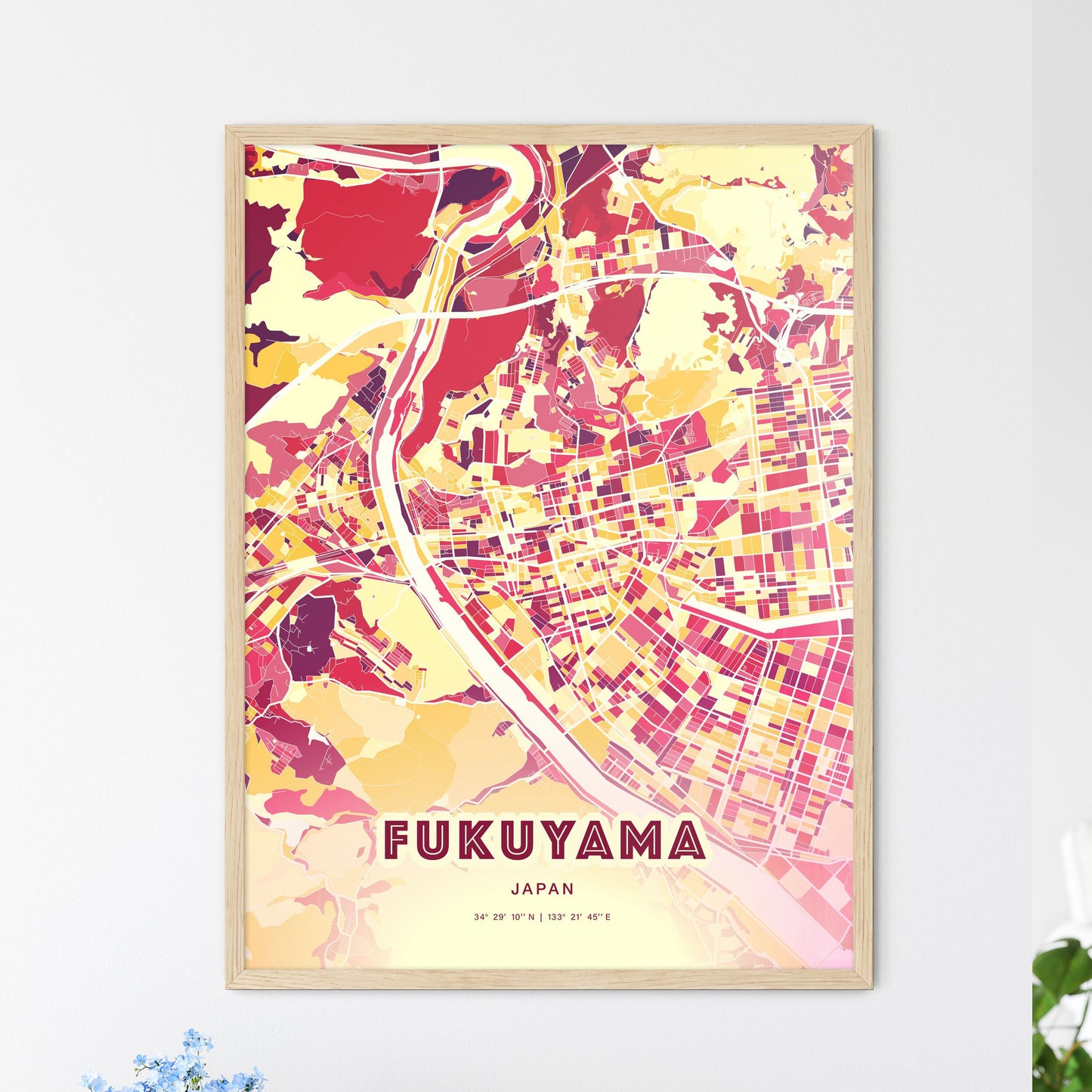 Colorful FUKUYAMA JAPAN Fine Art Map Hot Red