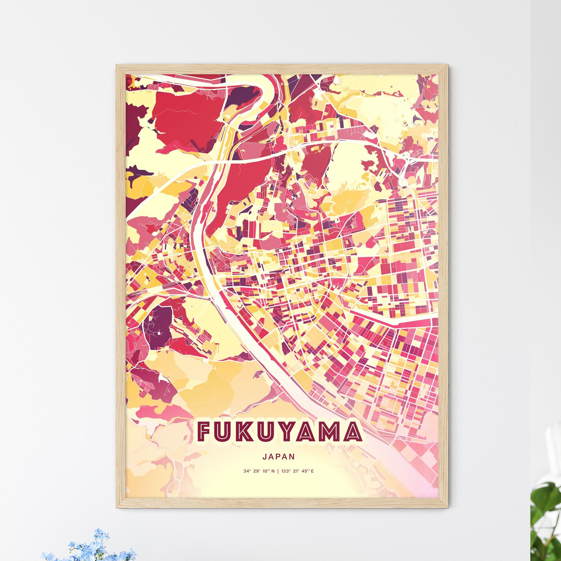 Colorful FUKUYAMA JAPAN Fine Art Map Hot Red