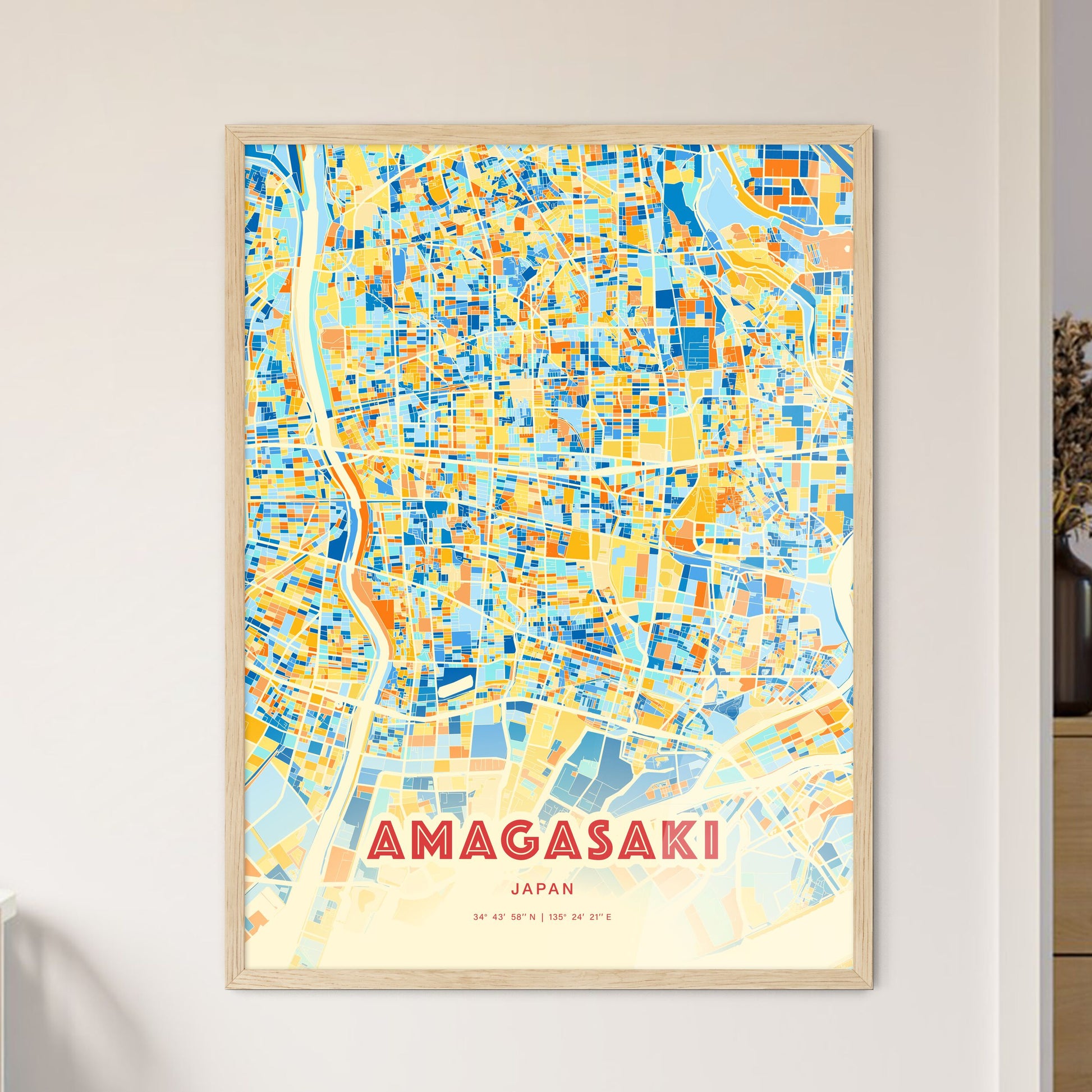 Colorful AMAGASAKI JAPAN Fine Art Map Blue Orange