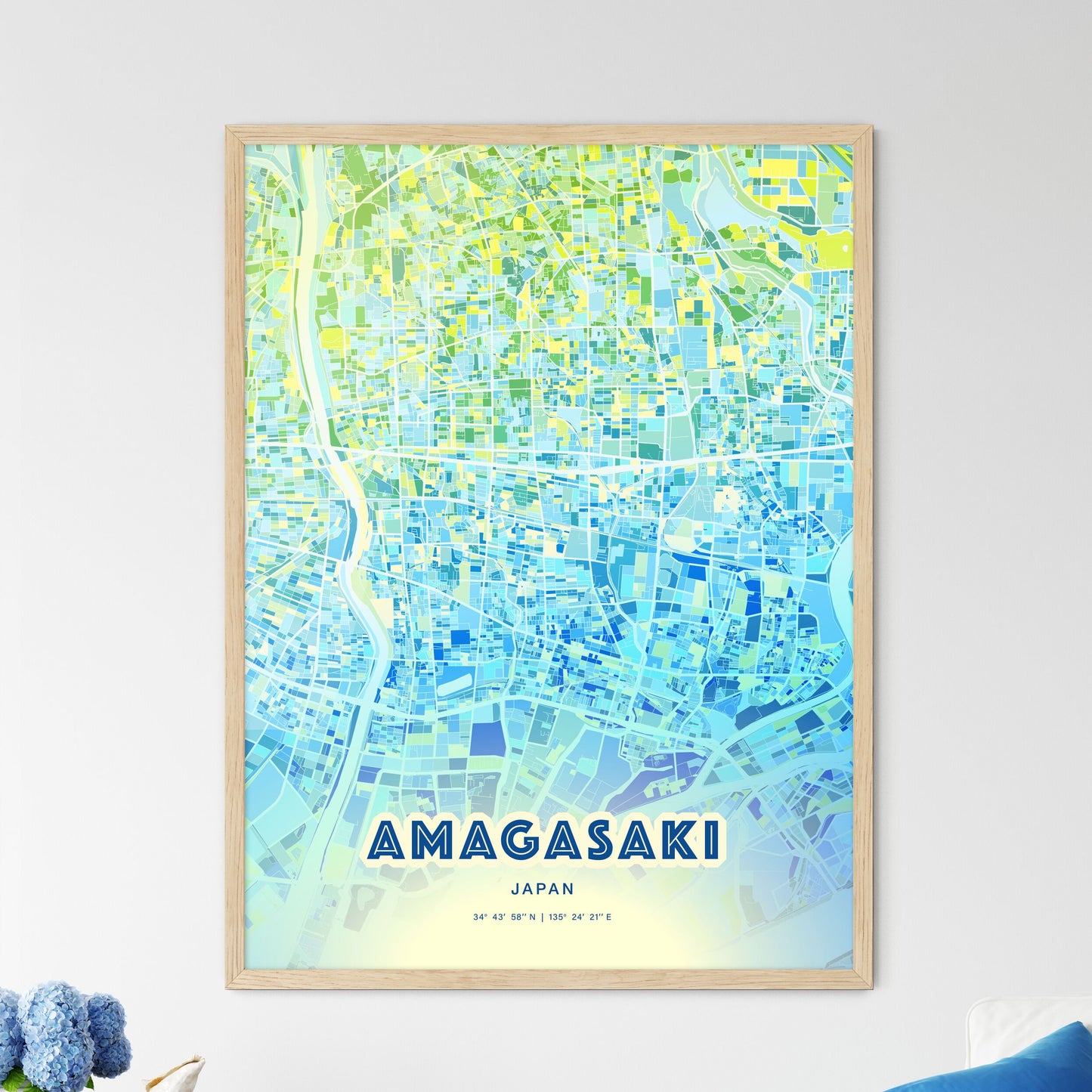 Colorful AMAGASAKI JAPAN Fine Art Map Cool Blue