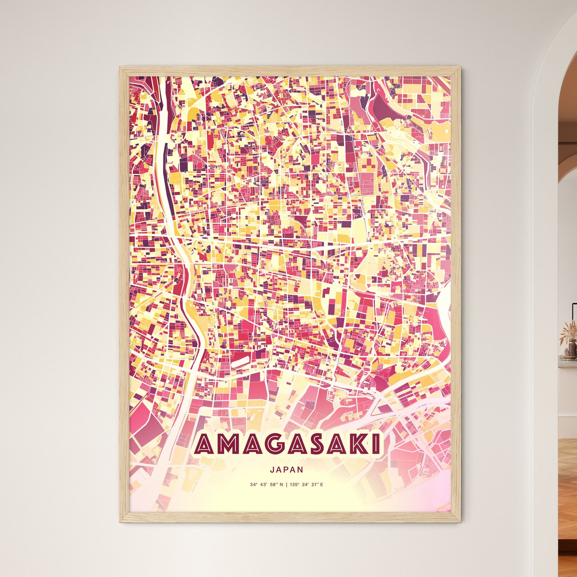 Colorful AMAGASAKI JAPAN Fine Art Map Hot Red