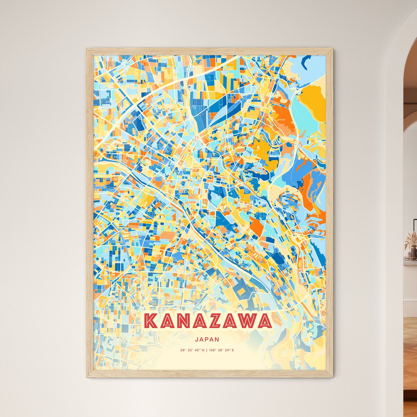 Colorful KANAZAWA JAPAN Fine Art Map Blue Orange