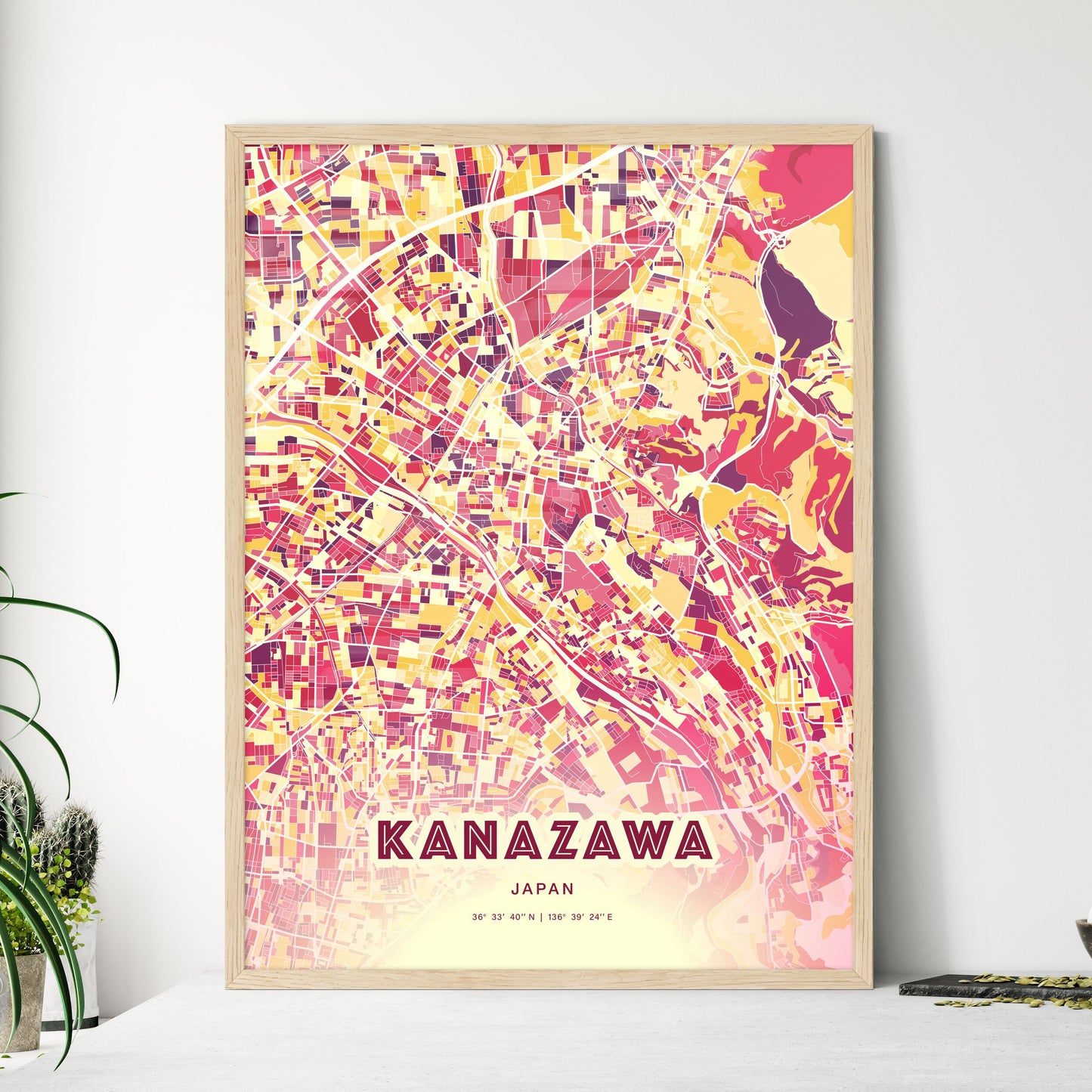 Colorful KANAZAWA JAPAN Fine Art Map Hot Red