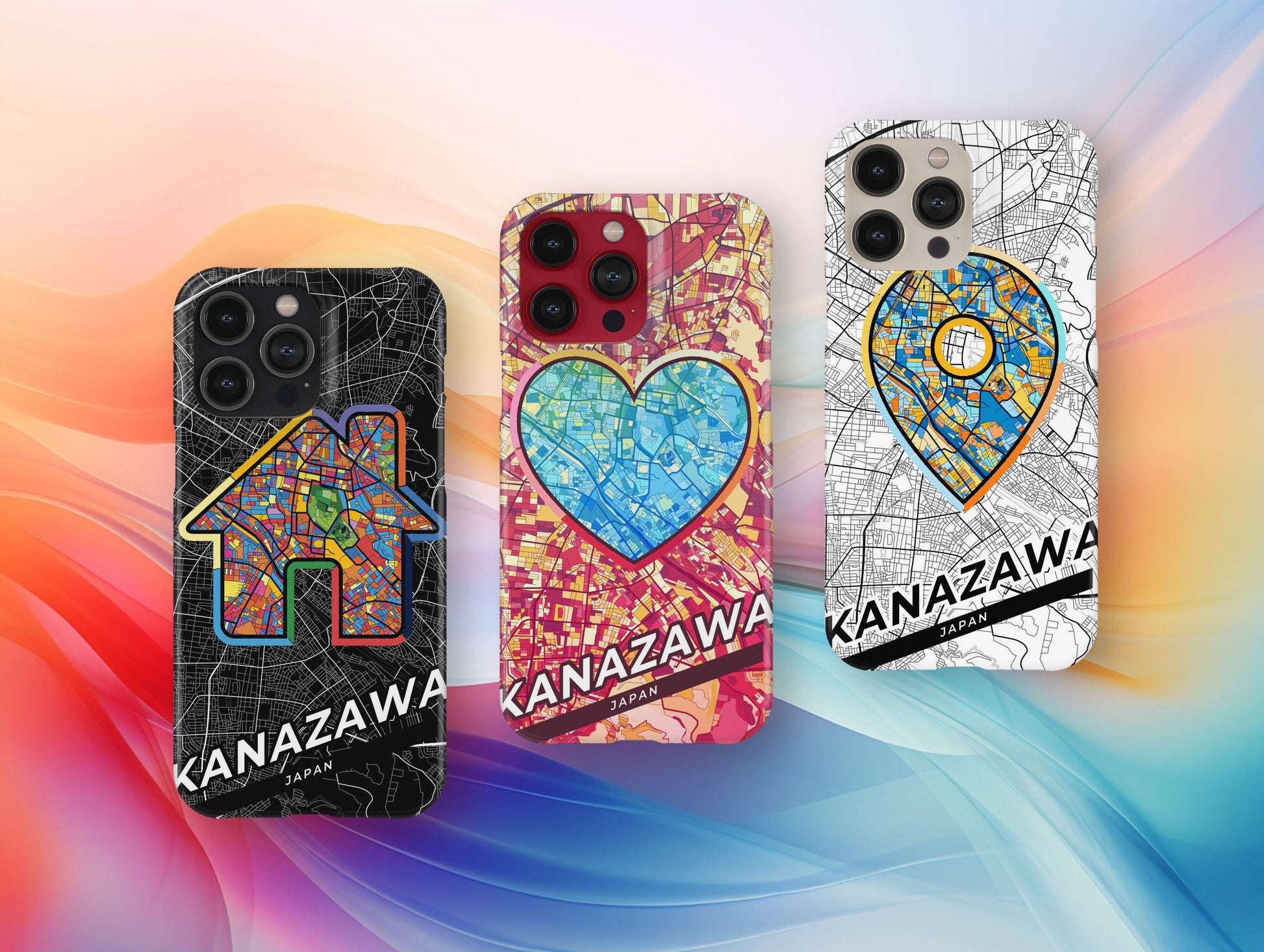 Kanazawa Japan slim phone case with colorful icon. Birthday, wedding or housewarming gift. Couple match cases.