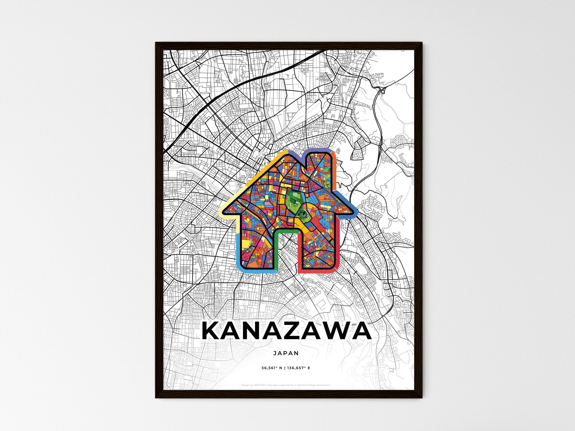 KANAZAWA JAPAN minimal art map with a colorful icon. Where it all began, Couple map gift. Style 3