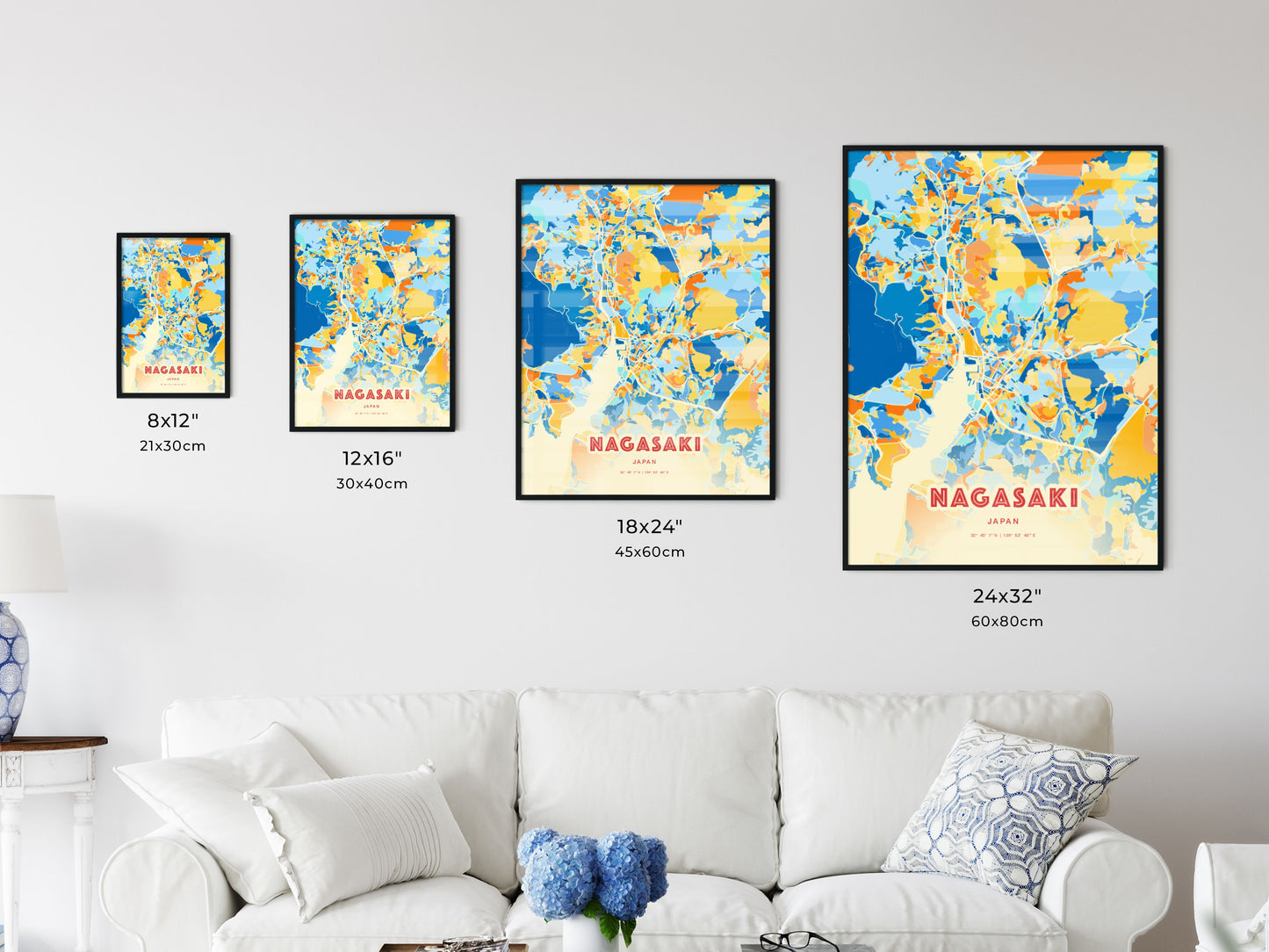 Colorful NAGASAKI JAPAN Fine Art Map Blue Orange