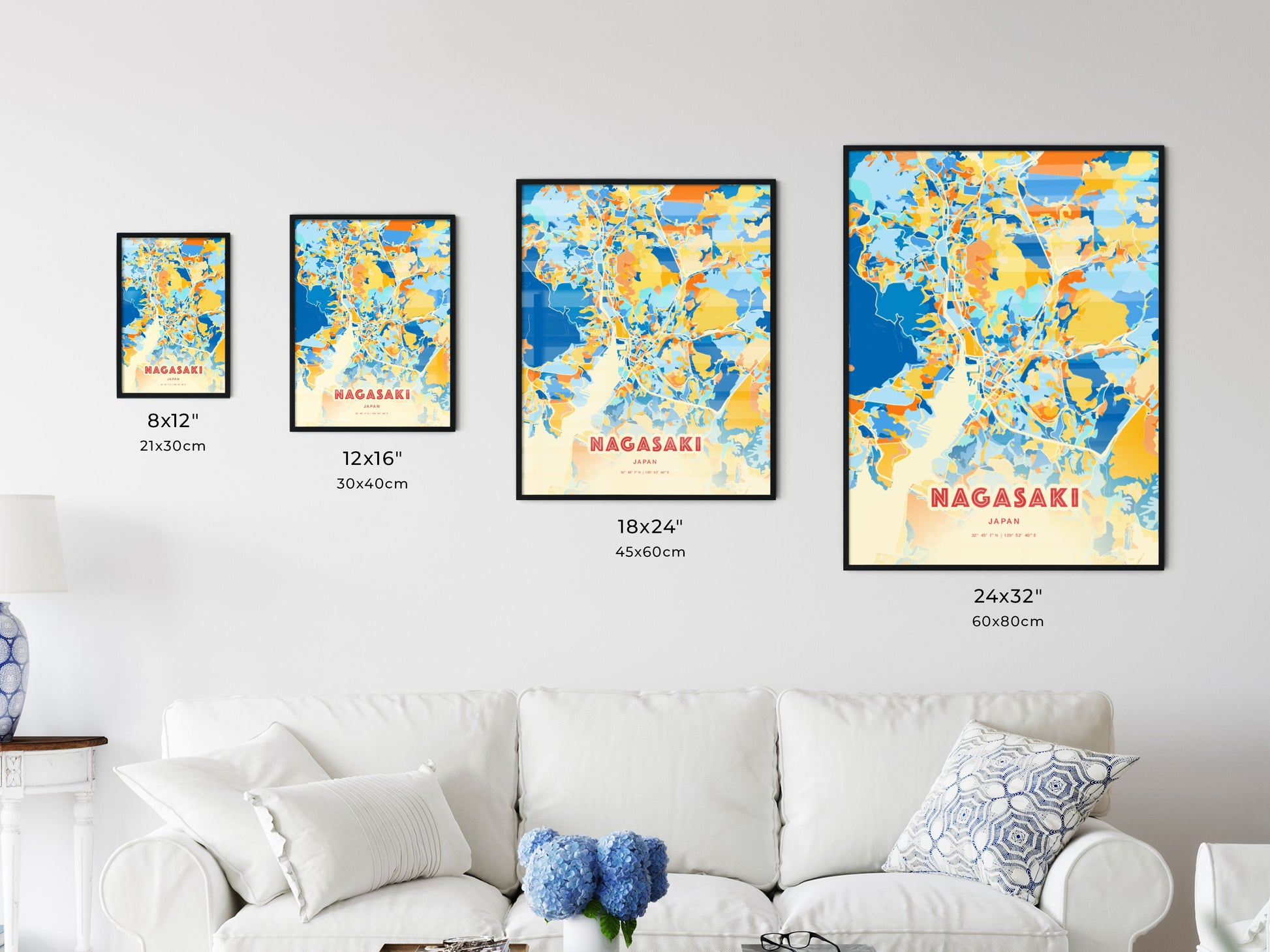 Colorful NAGASAKI JAPAN Fine Art Map Blue Orange