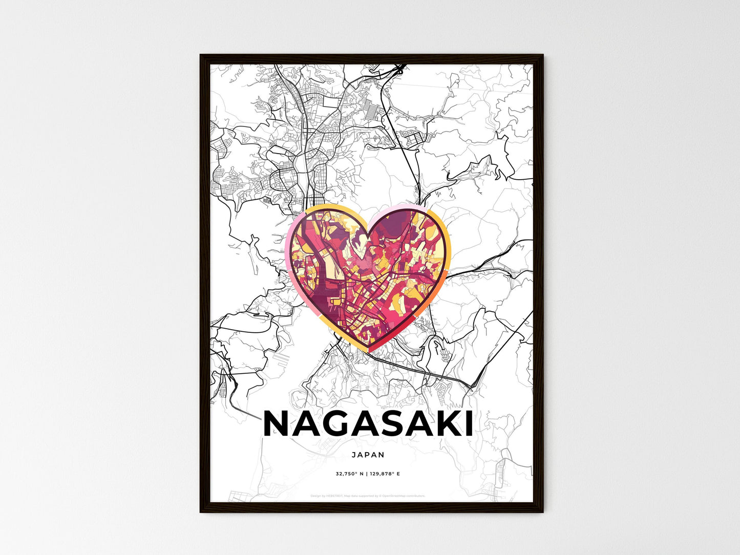 Nagasaki Japan wedding art map with heart icon