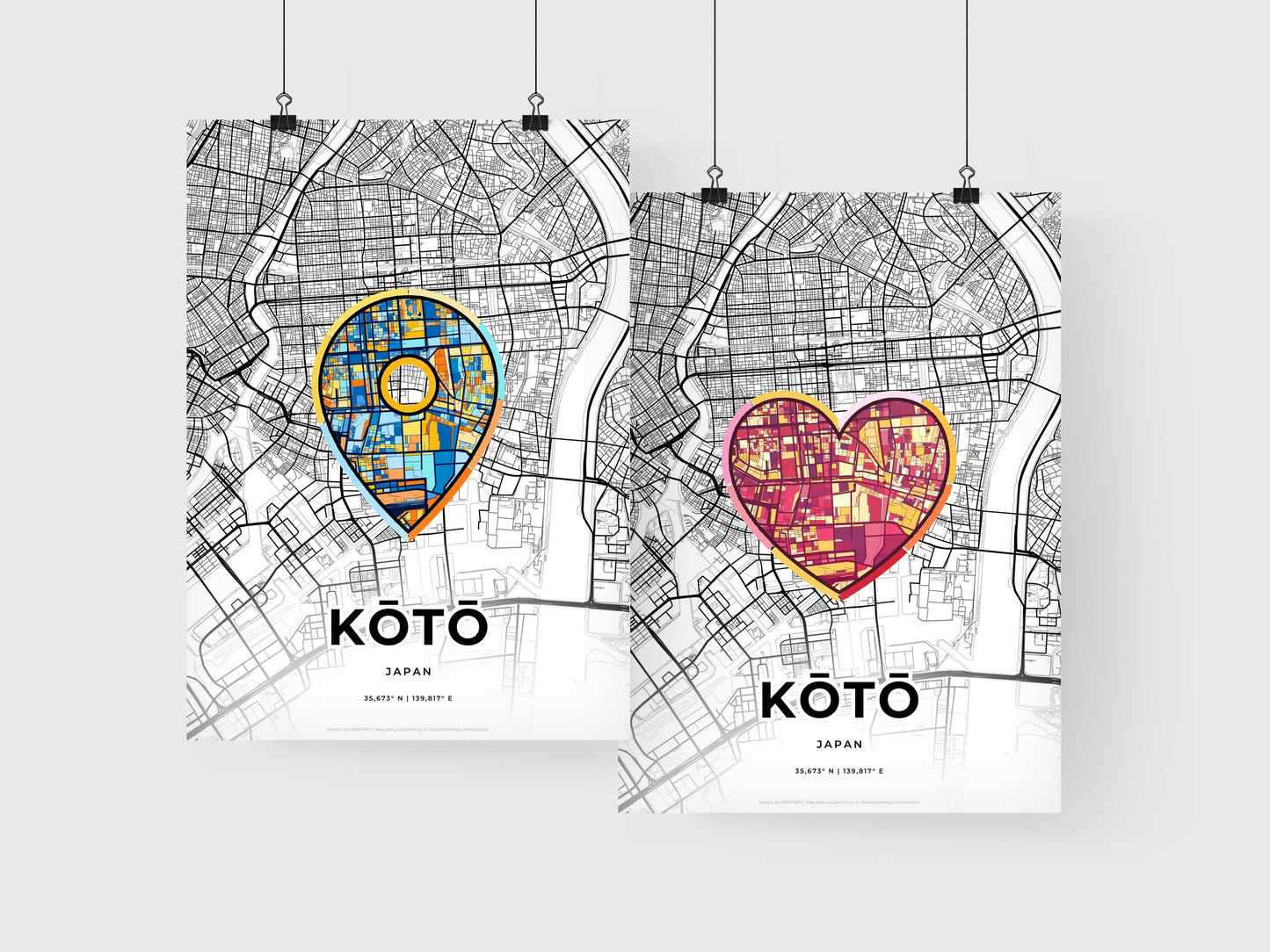 KŌTŌ JAPAN minimal art map with a colorful icon. Where it all began, Couple map gift.