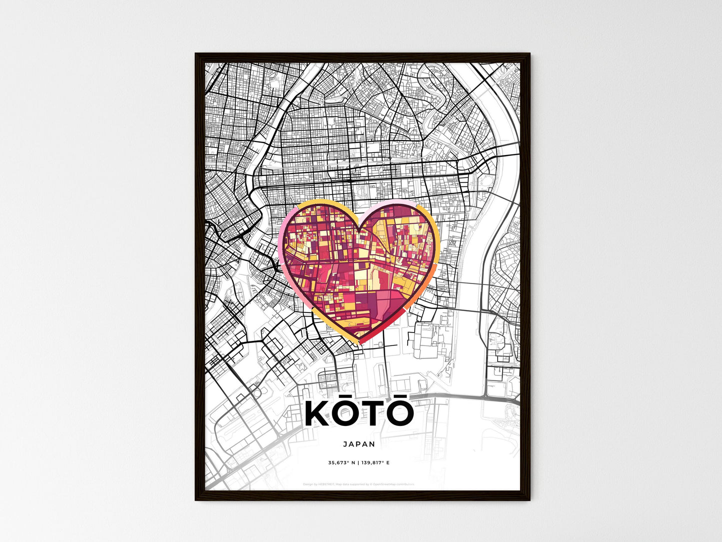 KŌTŌ JAPAN minimal art map with a colorful icon. Where it all began, Couple map gift. Style 2