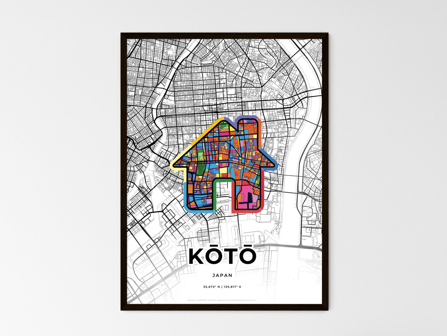 KŌTŌ JAPAN minimal art map with a colorful icon. Where it all began, Couple map gift. Style 3