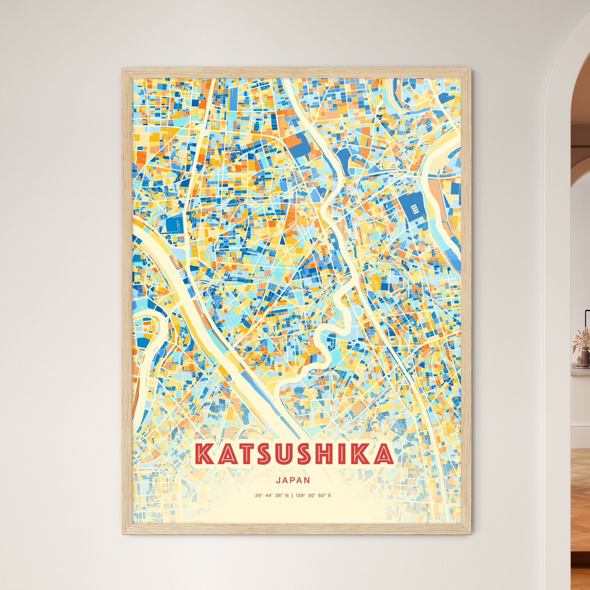 Colorful KATSUSHIKA JAPAN Fine Art Map Blue Orange