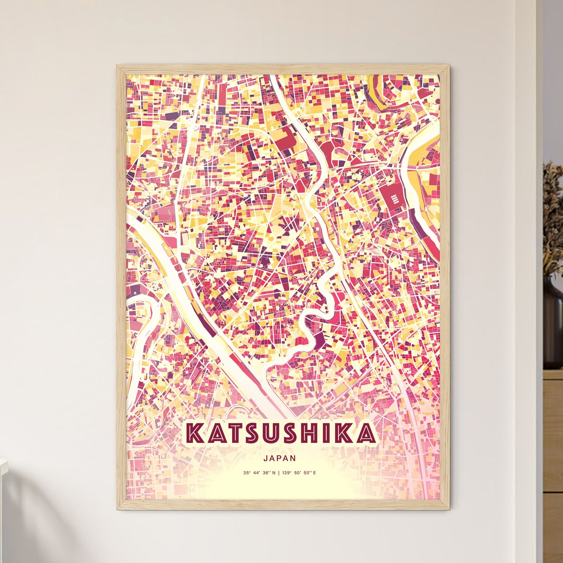 Colorful KATSUSHIKA JAPAN Fine Art Map Hot Red