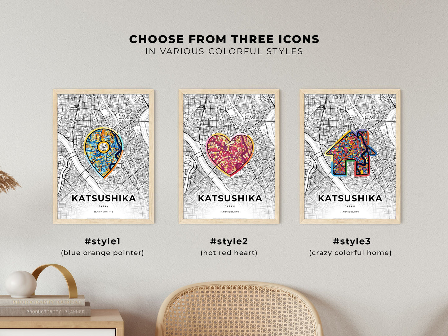 KATSUSHIKA JAPAN minimal art map with a colorful icon. Where it all began, Couple map gift.