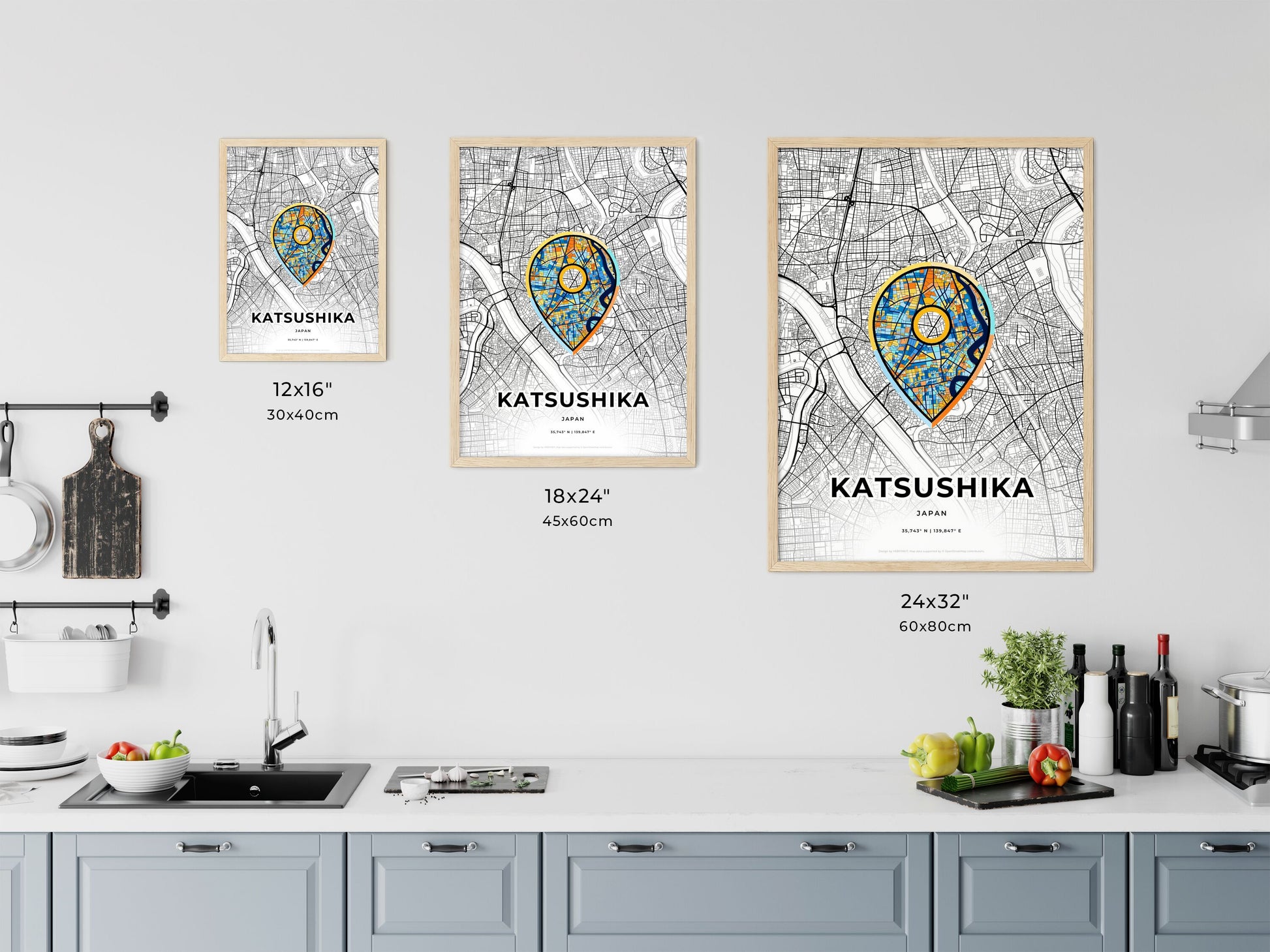 KATSUSHIKA JAPAN minimal art map with a colorful icon. Where it all began, Couple map gift.
