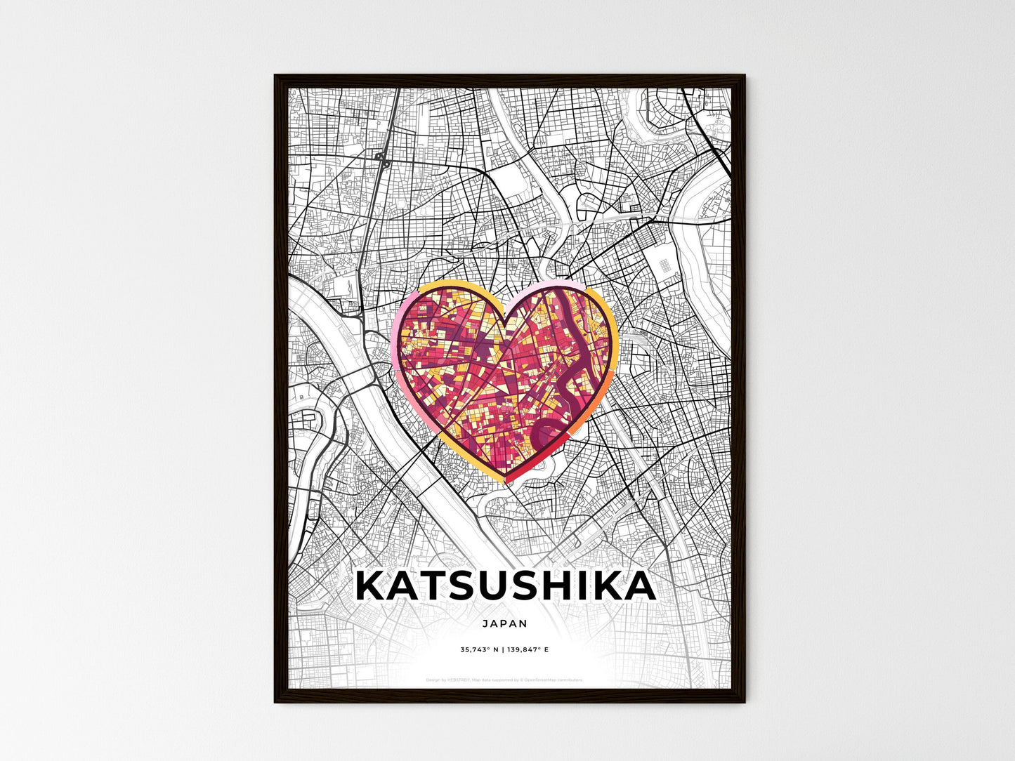 KATSUSHIKA JAPAN minimal art map with a colorful icon. Where it all began, Couple map gift. Style 2