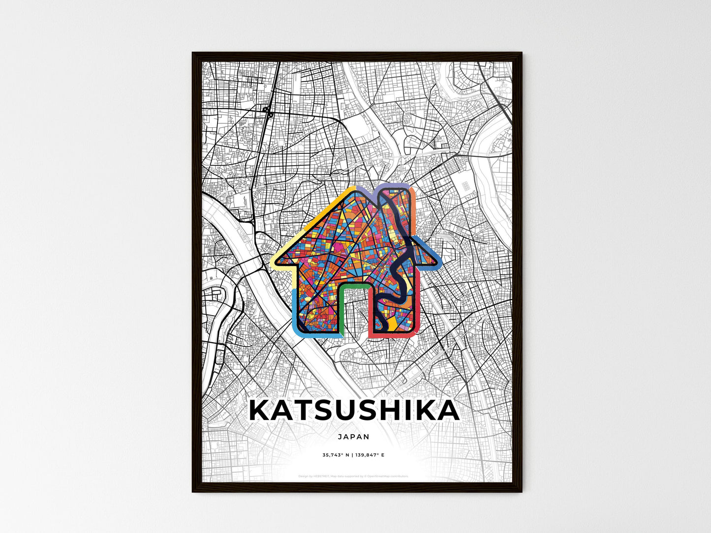 KATSUSHIKA JAPAN minimal art map with a colorful icon. Where it all began, Couple map gift. Style 3