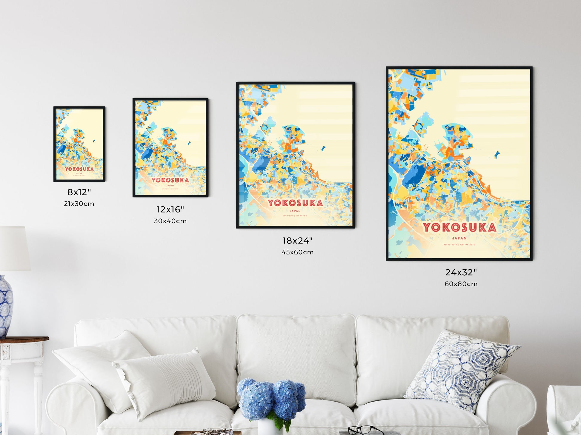 Colorful YOKOSUKA JAPAN Fine Art Map Blue Orange