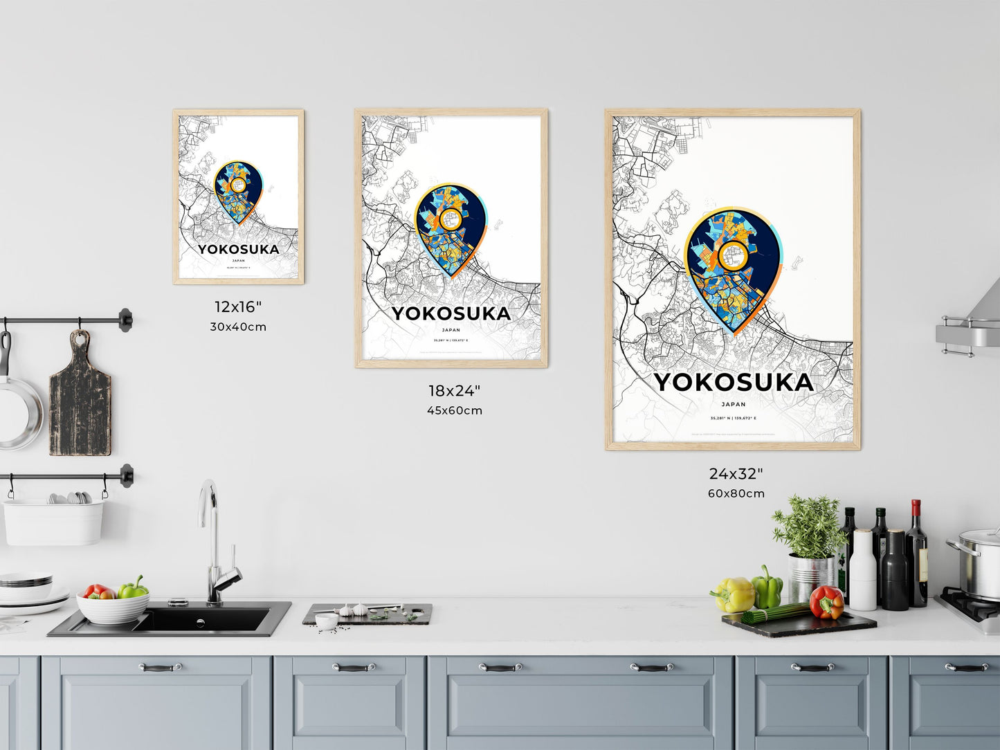 YOKOSUKA JAPAN minimal art map with a colorful icon. Where it all began, Couple map gift.