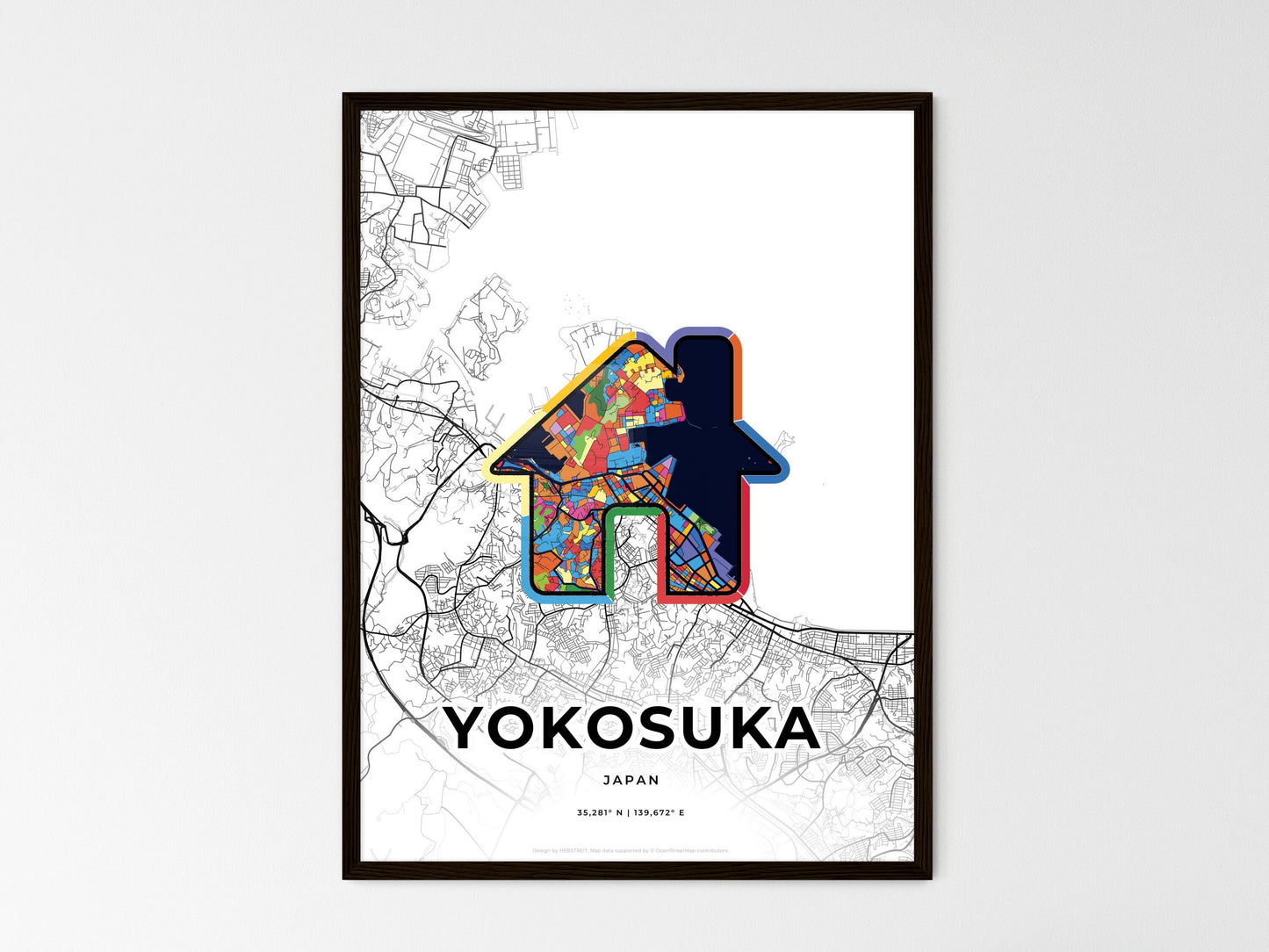 YOKOSUKA JAPAN minimal art map with a colorful icon. Where it all began, Couple map gift. Style 3
