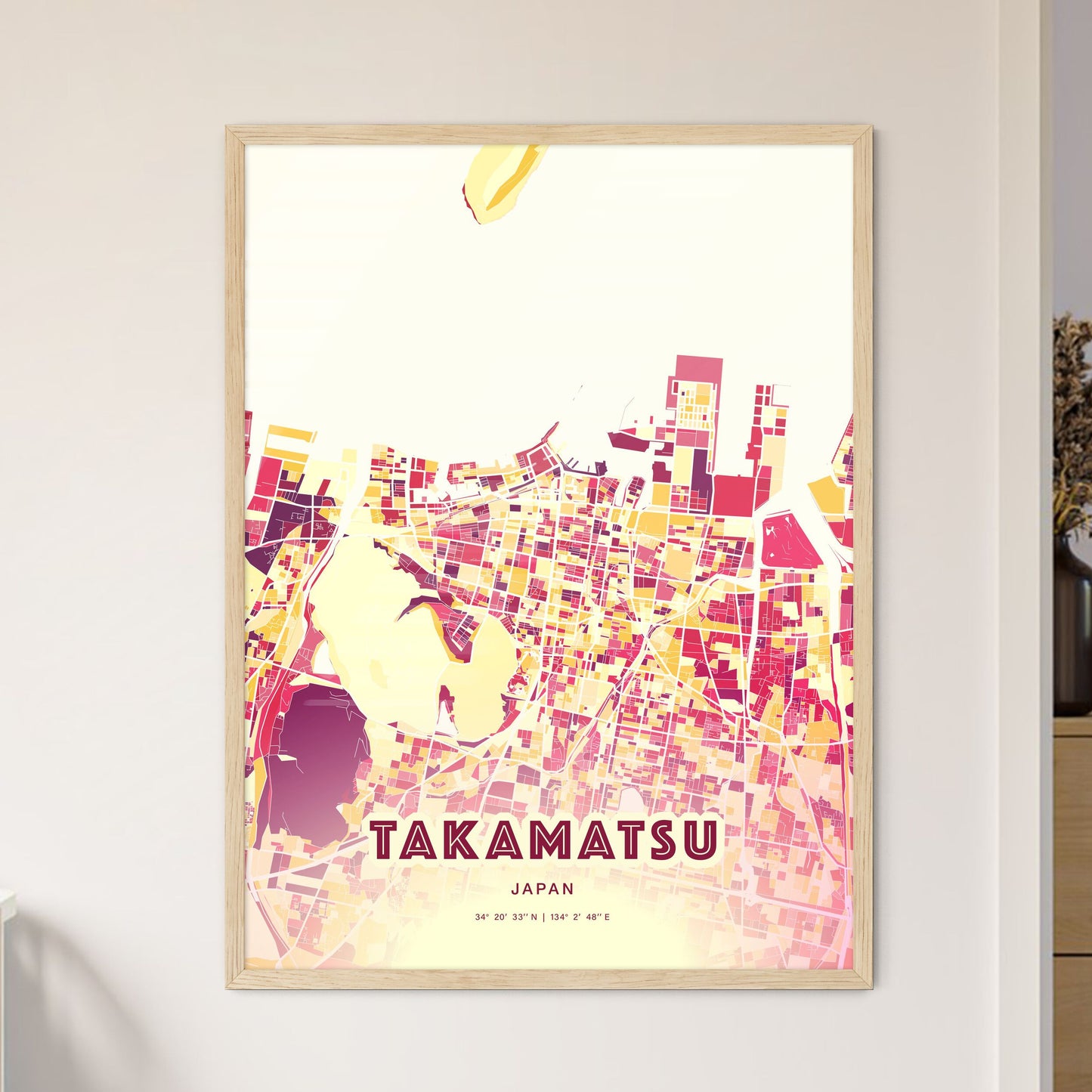 Colorful TAKAMATSU JAPAN Fine Art Map Hot Red