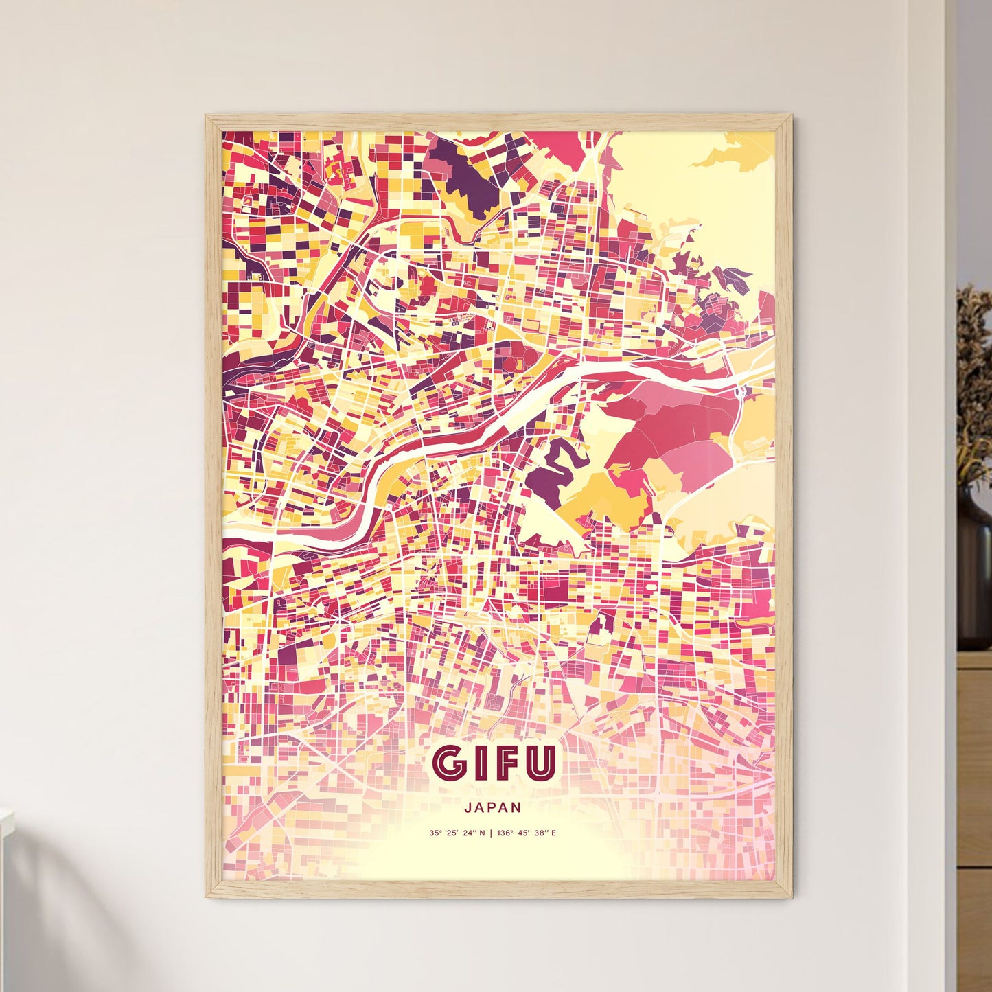 Colorful GIFU JAPAN Fine Art Map Hot Red