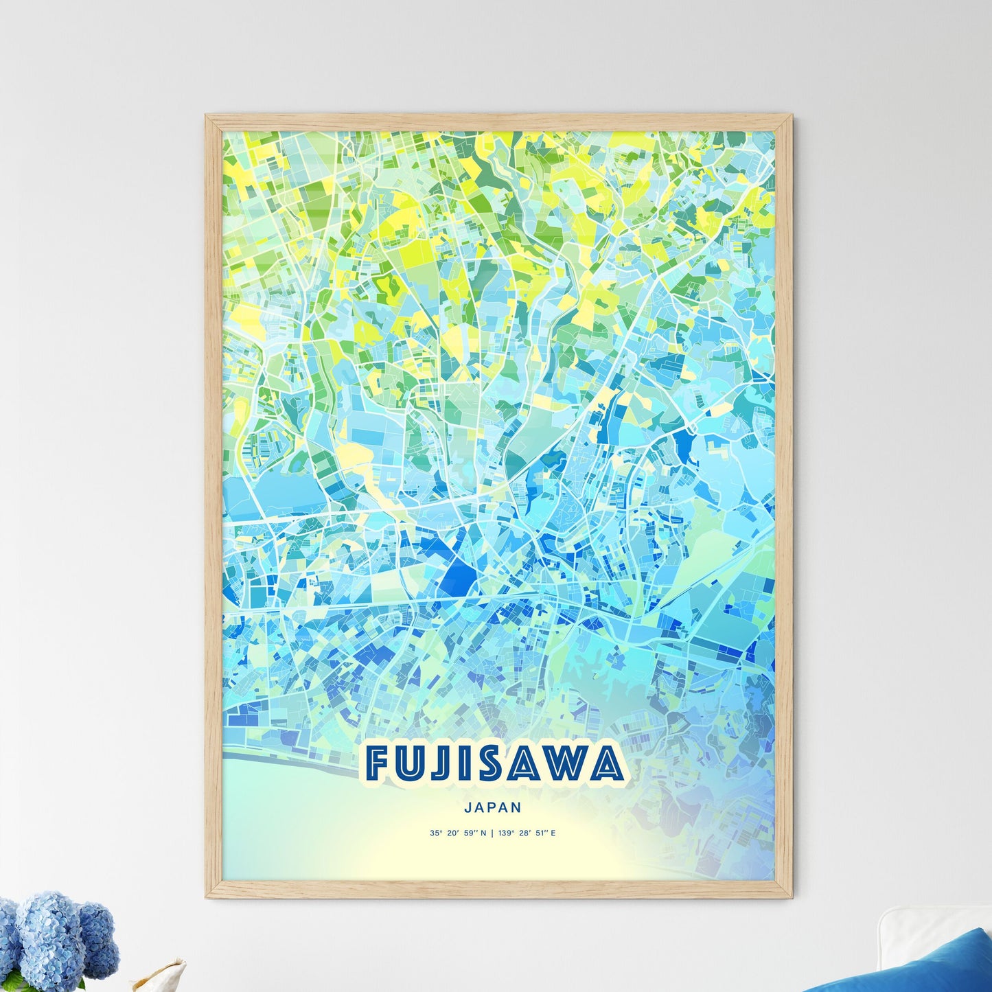 Colorful FUJISAWA JAPAN Fine Art Map Cool Blue