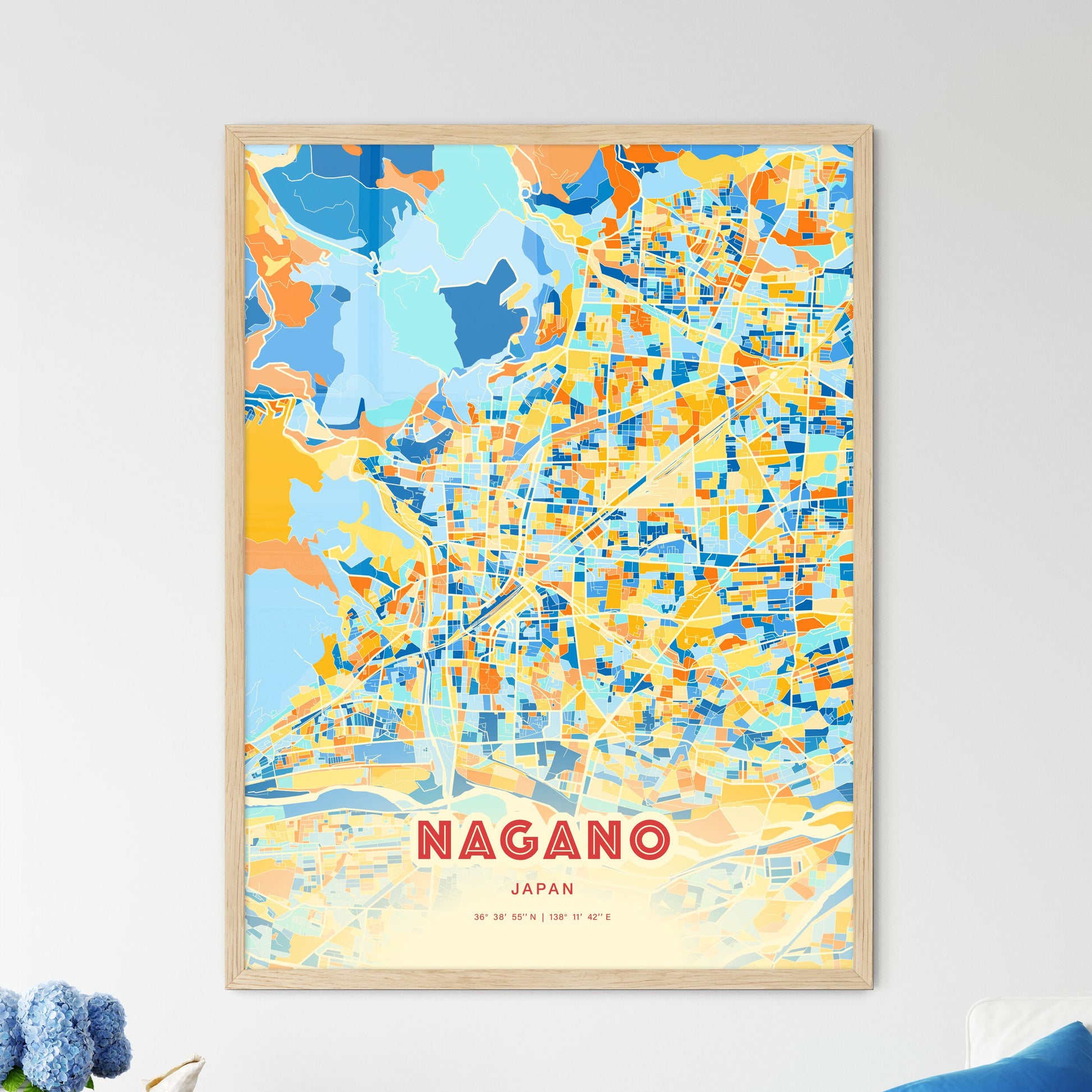 Colorful Nagano Japan Fine Art Map Blue Orange