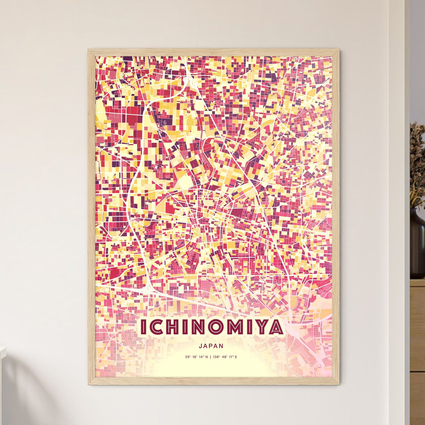 Colorful ICHINOMIYA JAPAN Fine Art Map Hot Red