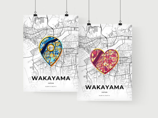 WAKAYAMA JAPAN minimal art map with a colorful icon. Where it all began, Couple map gift.