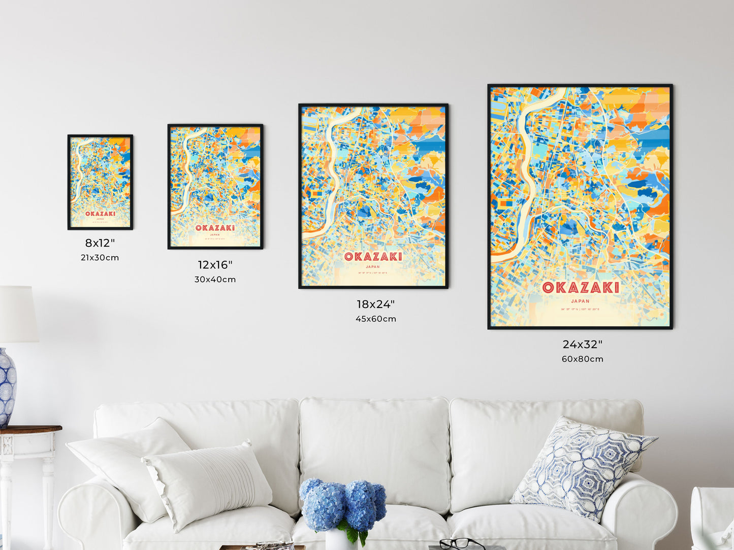 Colorful OKAZAKI JAPAN Fine Art Map Blue Orange