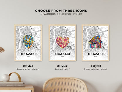 OKAZAKI JAPAN minimal art map with a colorful icon.