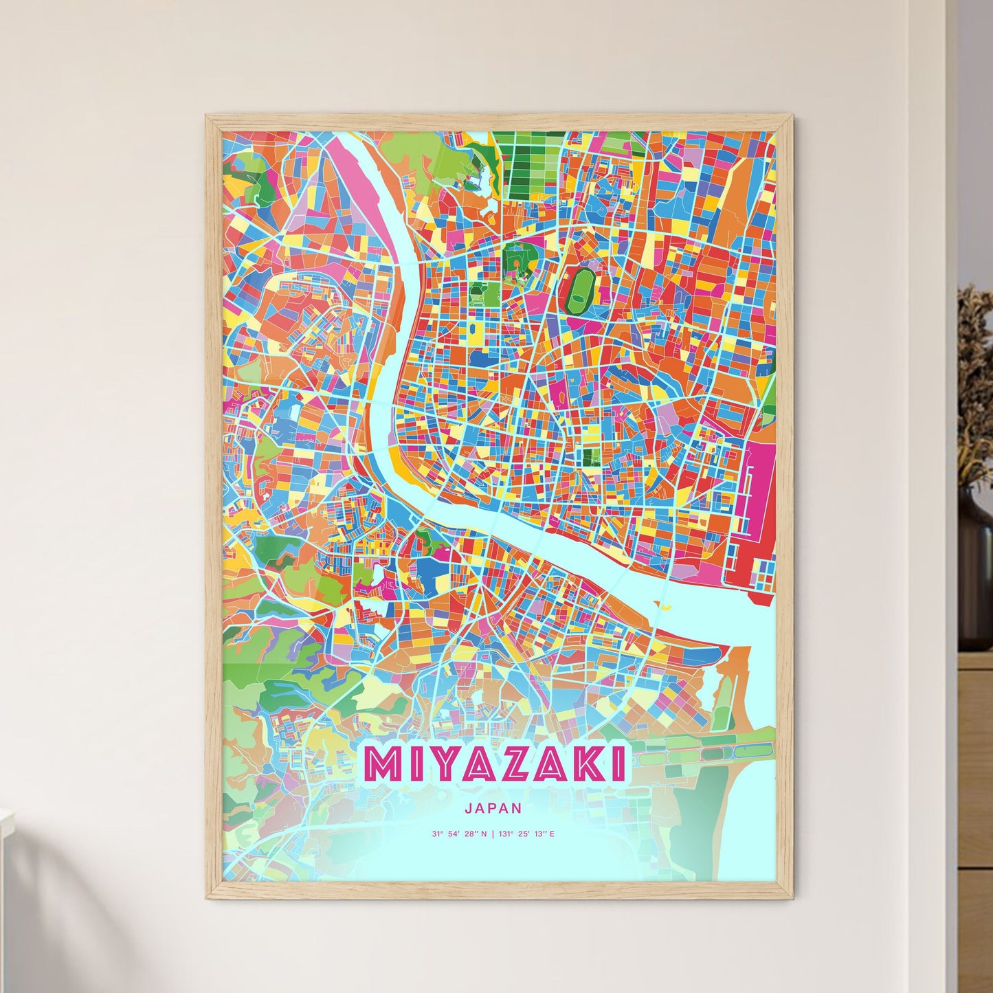 Colorful MIYAZAKI JAPAN Fine Art Map Crazy Colors