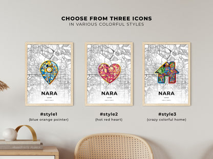 NARA JAPAN minimal art map with a colorful icon.