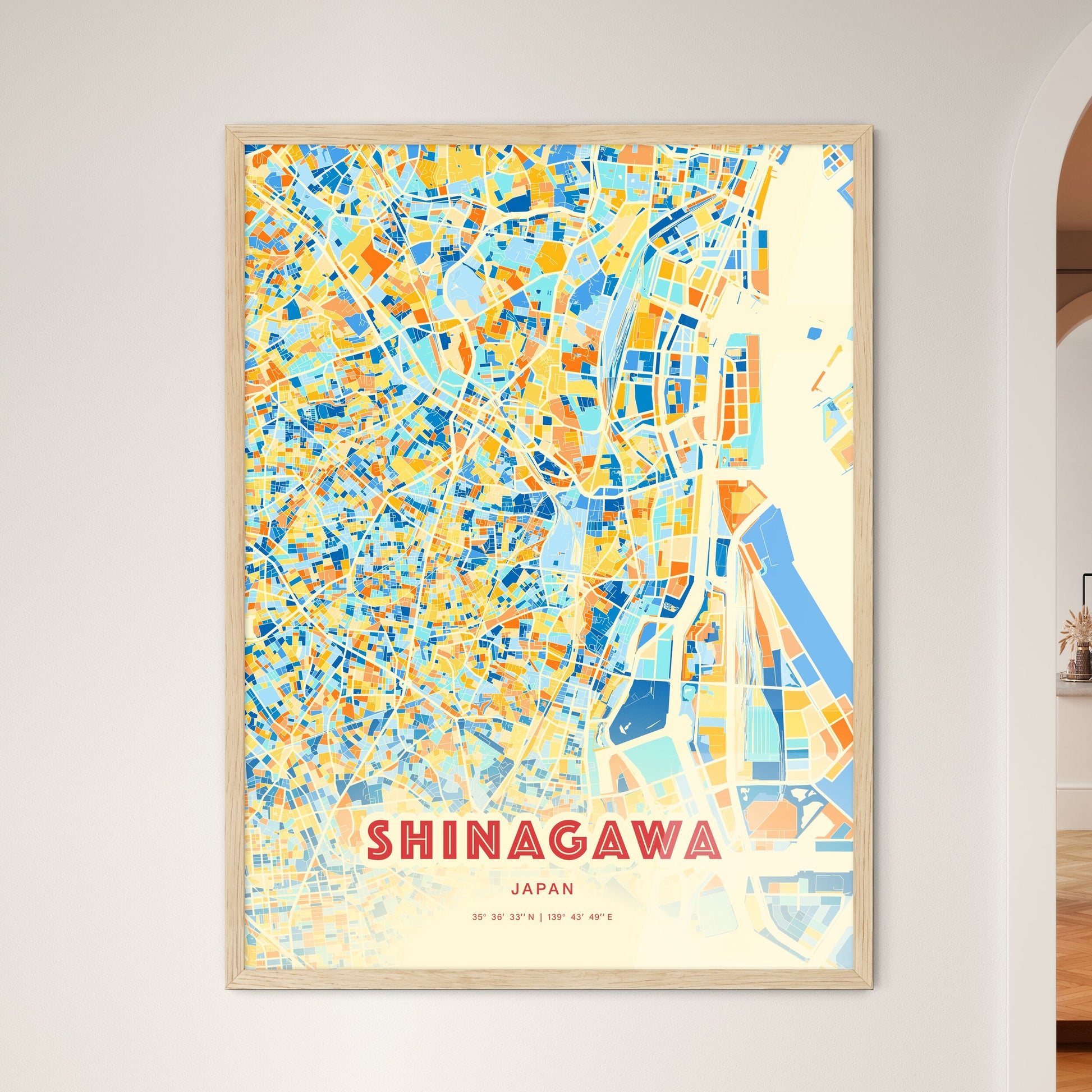 Colorful SHINAGAWA JAPAN Fine Art Map Blue Orange