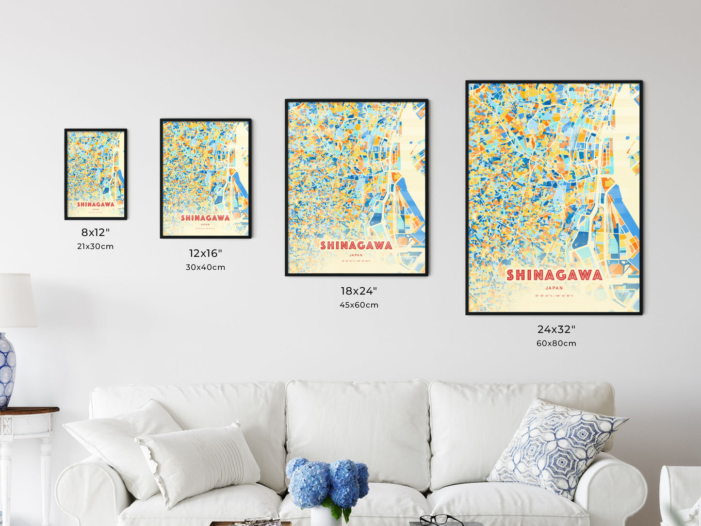 Colorful SHINAGAWA JAPAN Fine Art Map Blue Orange