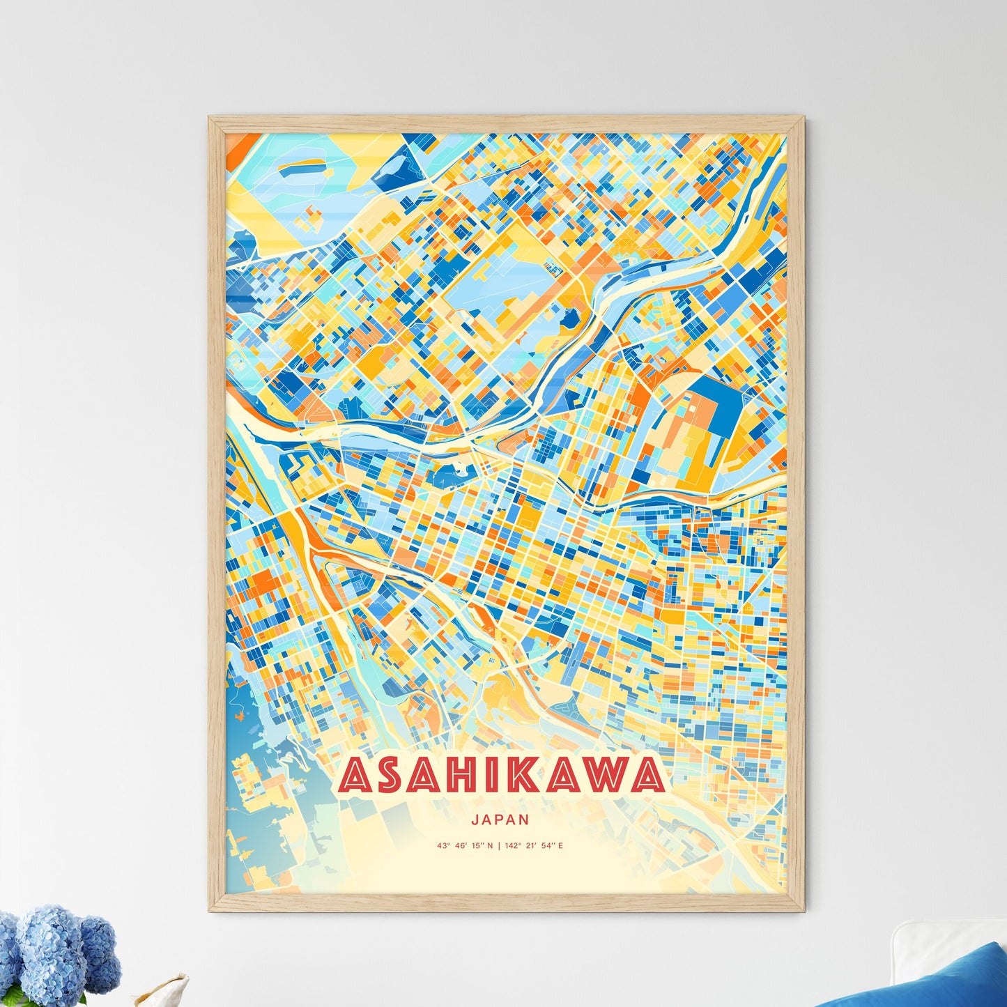 Colorful ASAHIKAWA JAPAN Fine Art Map Blue Orange