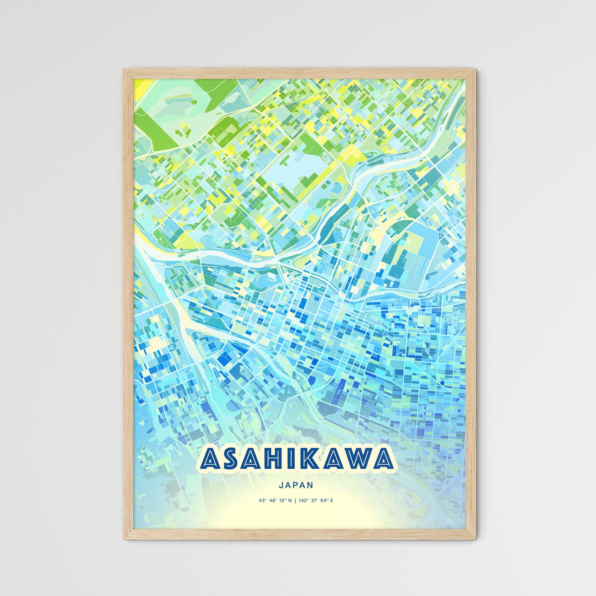 Colorful ASAHIKAWA JAPAN Fine Art Map Cool Blue