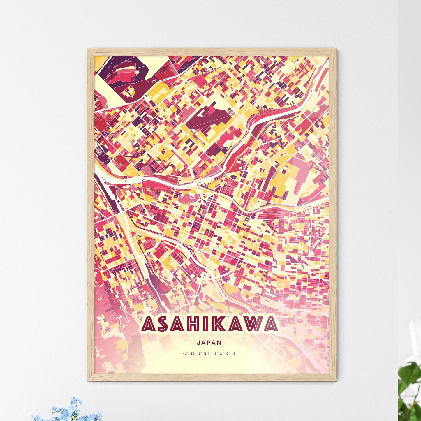 Colorful ASAHIKAWA JAPAN Fine Art Map Hot Red