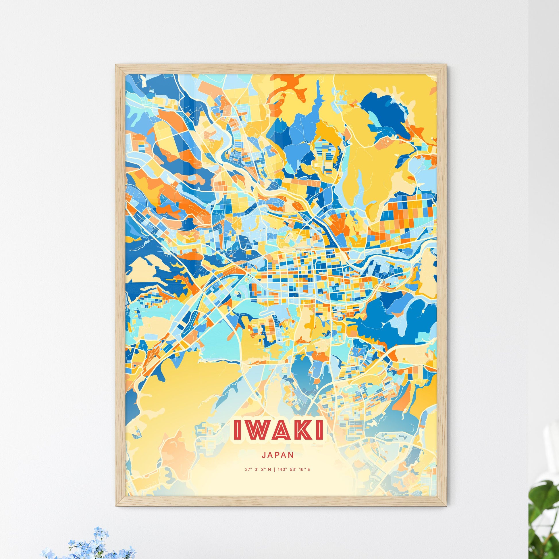 Colorful IWAKI JAPAN Fine Art Map Blue Orange