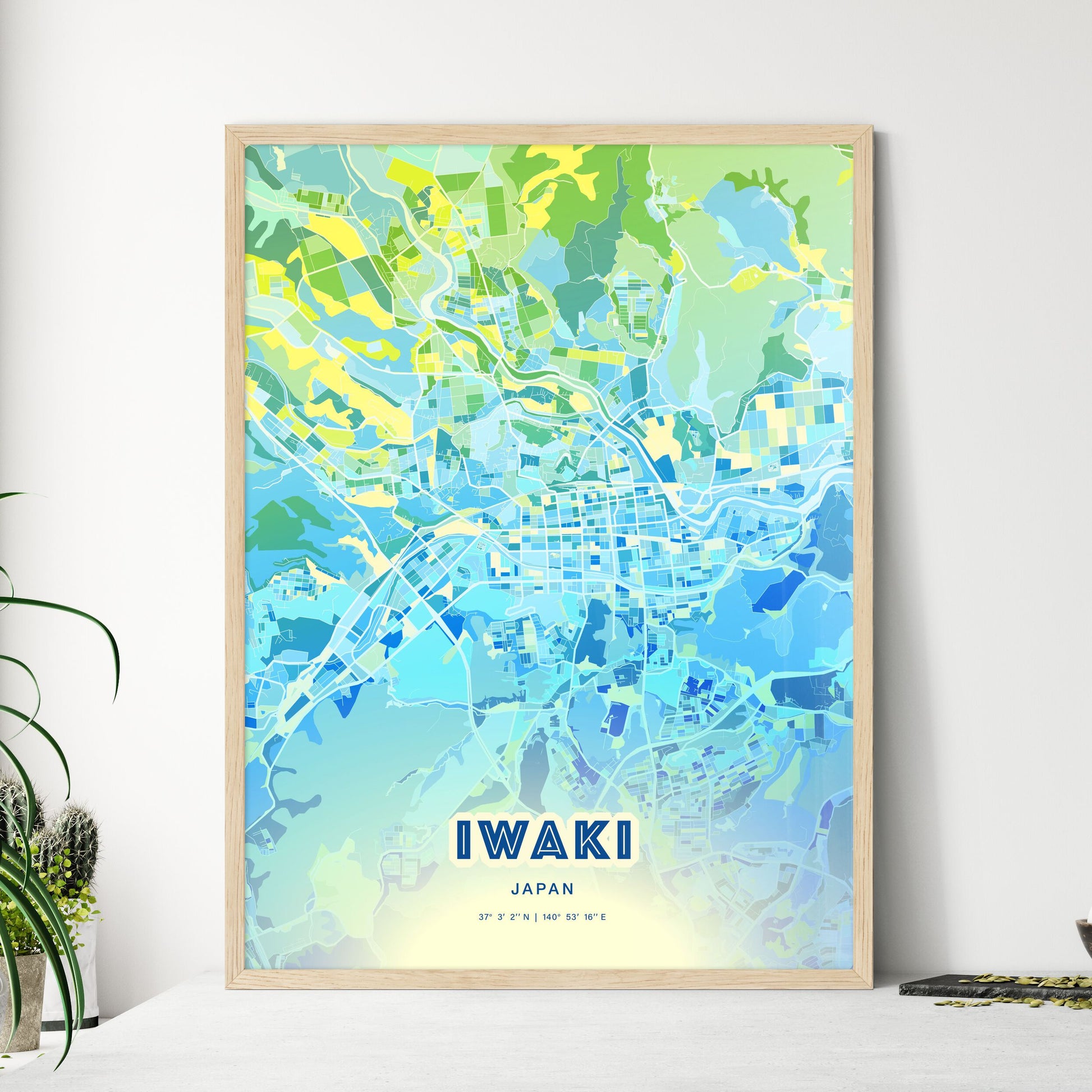 Colorful IWAKI JAPAN Fine Art Map Cool Blue