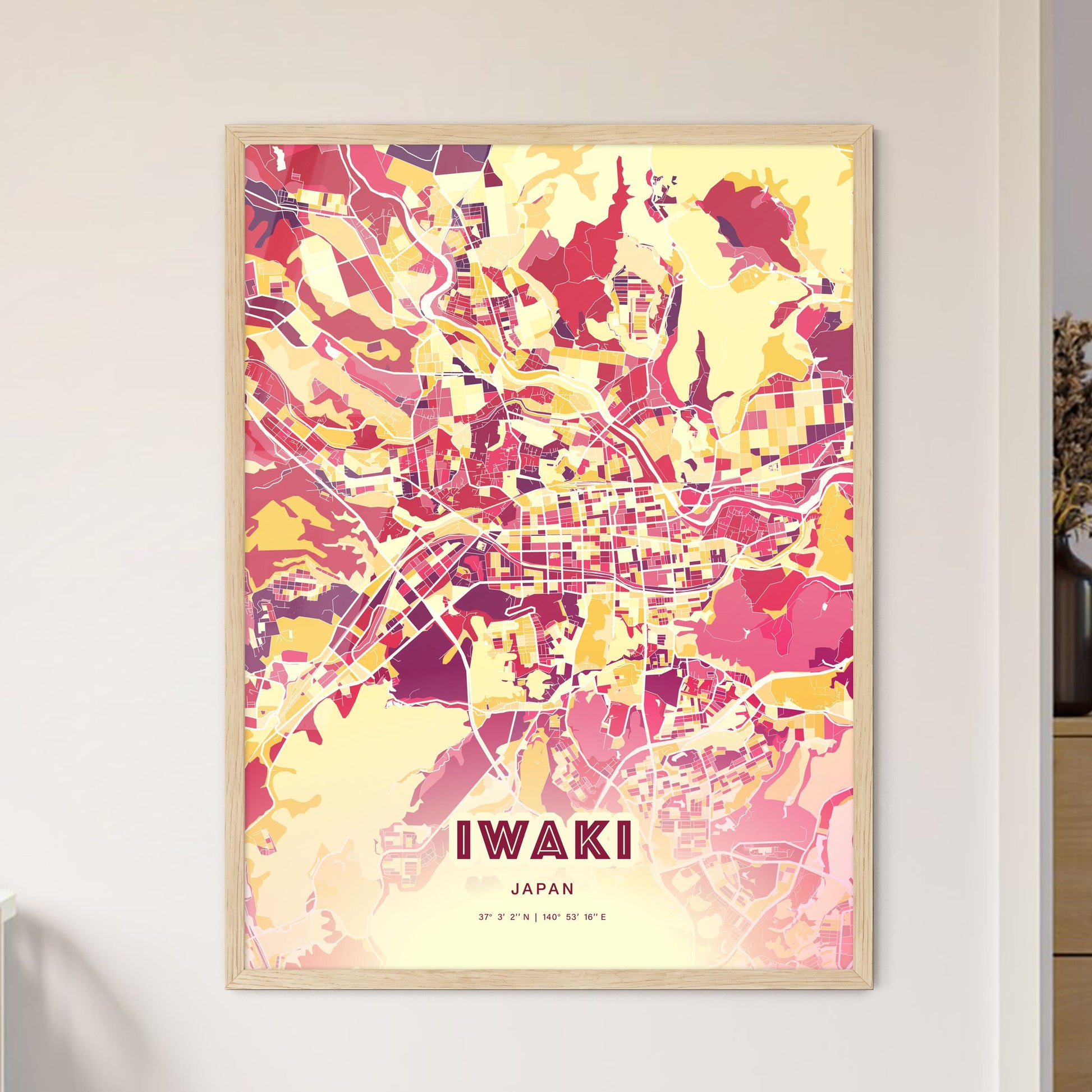 Colorful IWAKI JAPAN Fine Art Map Hot Red