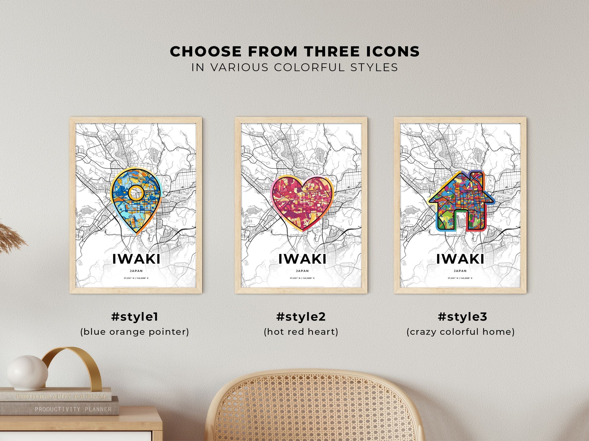 Iwaki Japan maps with colorful icons