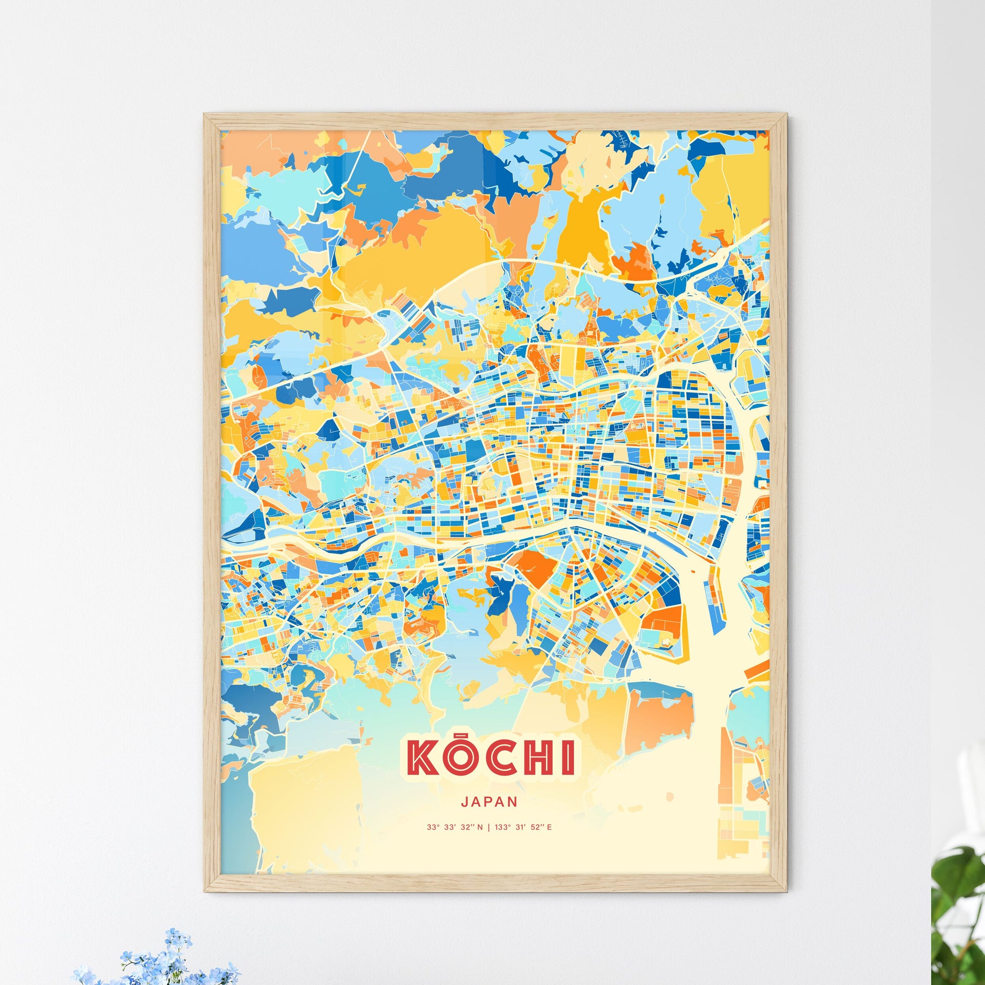 Colorful KŌCHI JAPAN Fine Art Map Blue Orange