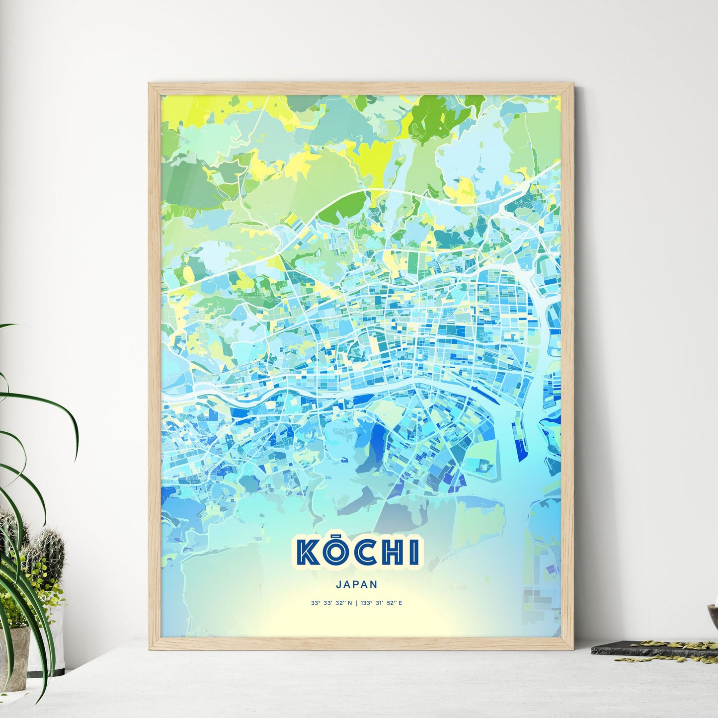 Colorful KŌCHI JAPAN Fine Art Map Cool Blue