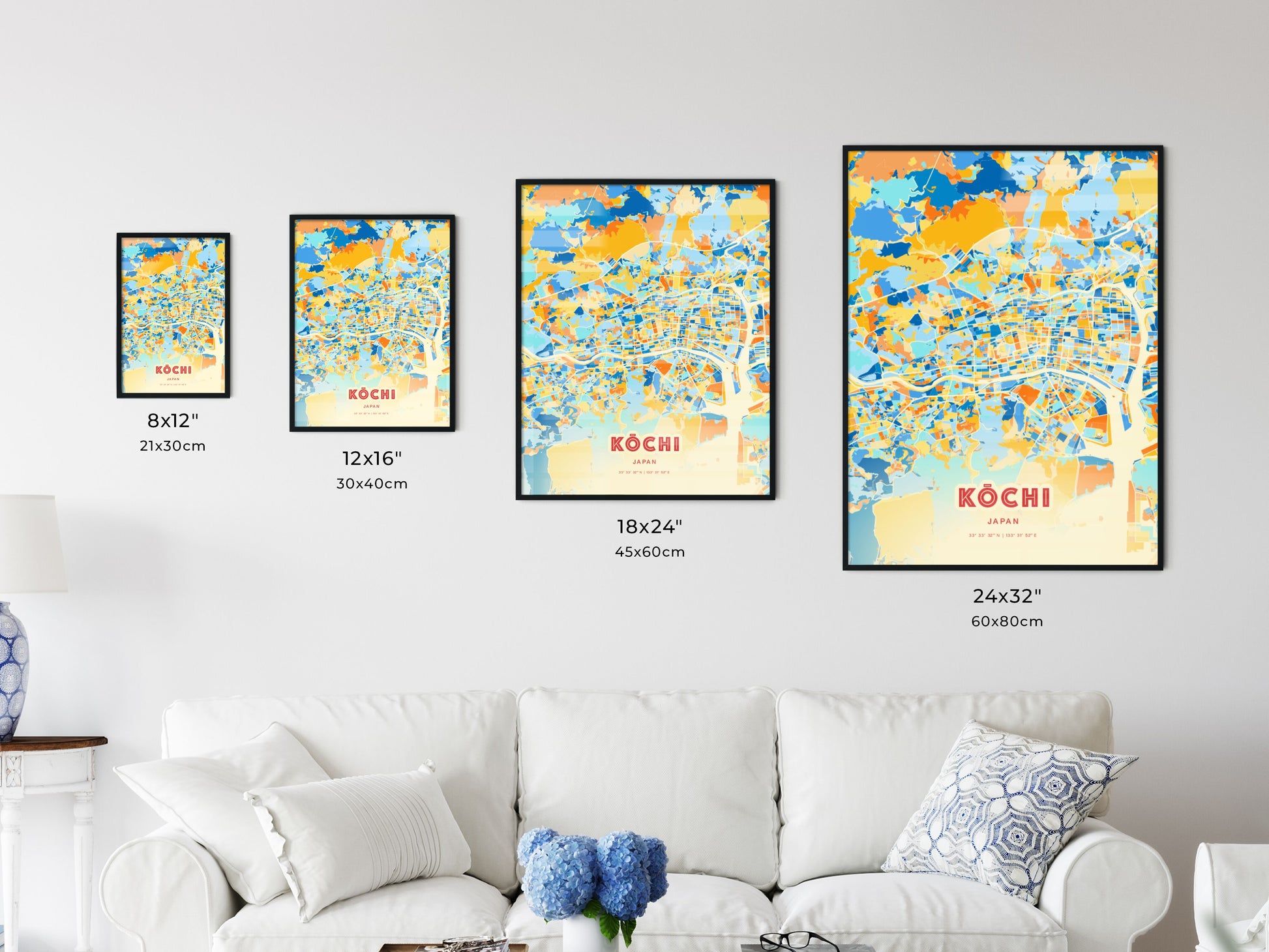 Colorful KŌCHI JAPAN Fine Art Map Blue Orange