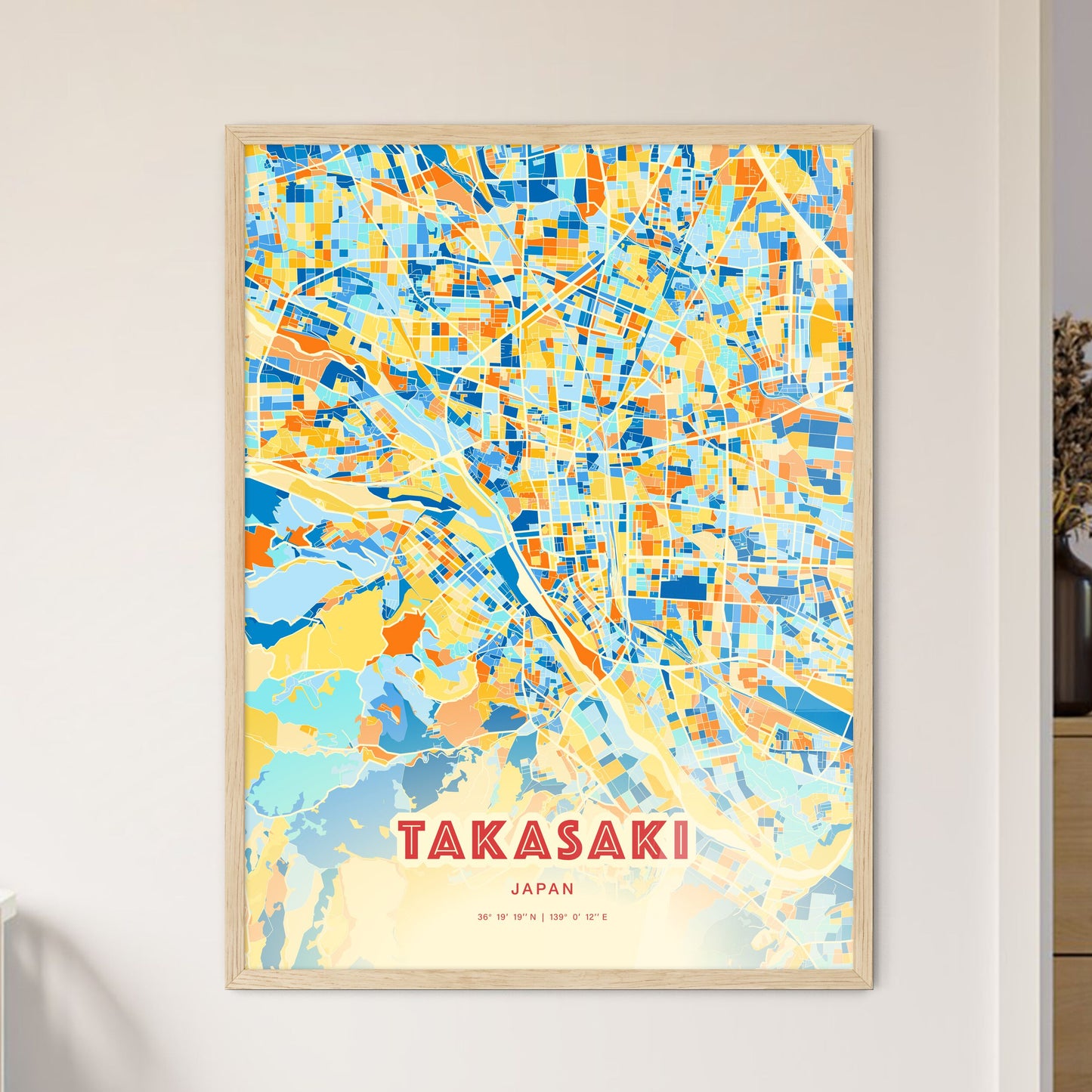 Colorful TAKASAKI JAPAN Fine Art Map Blue Orange