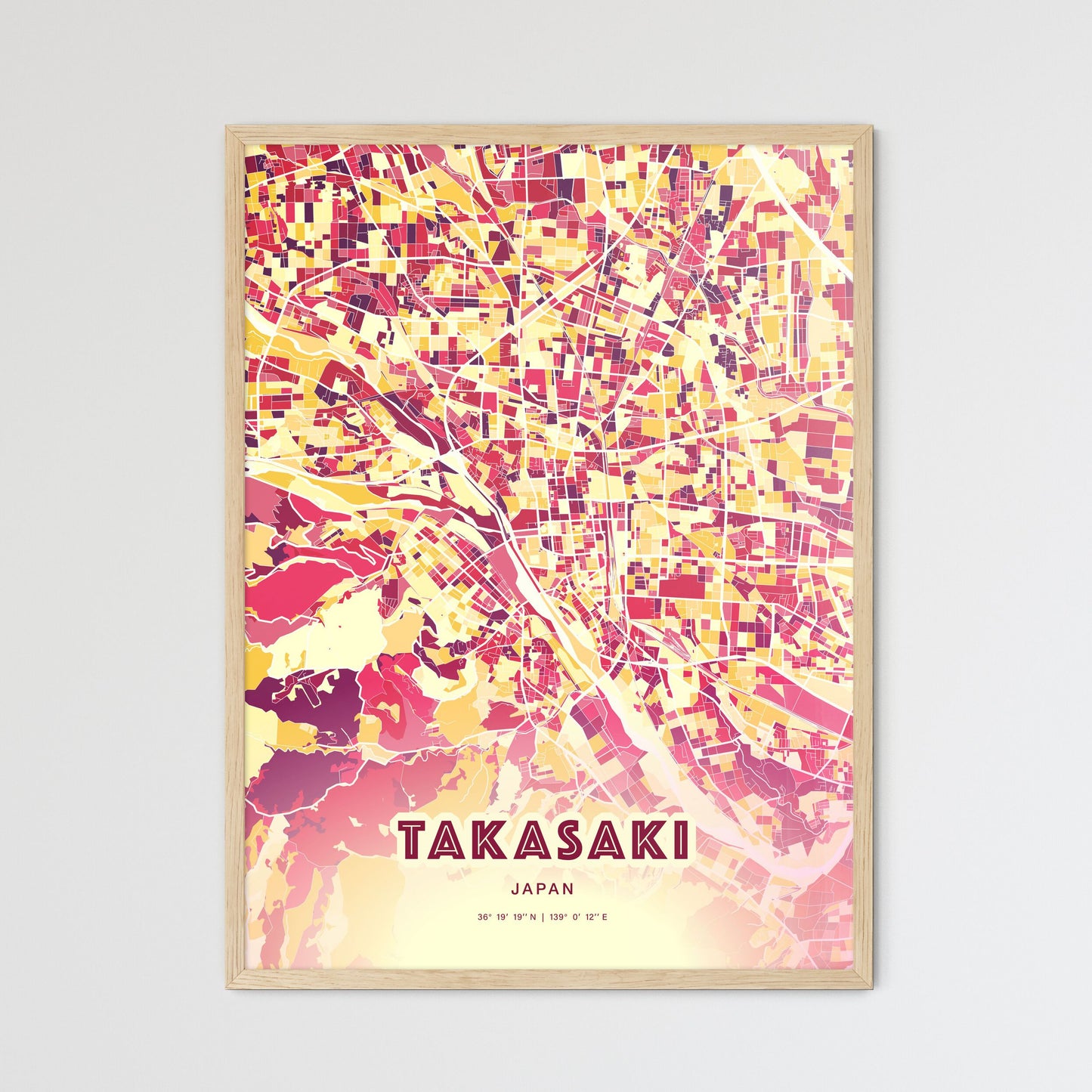 Colorful TAKASAKI JAPAN Fine Art Map Hot Red