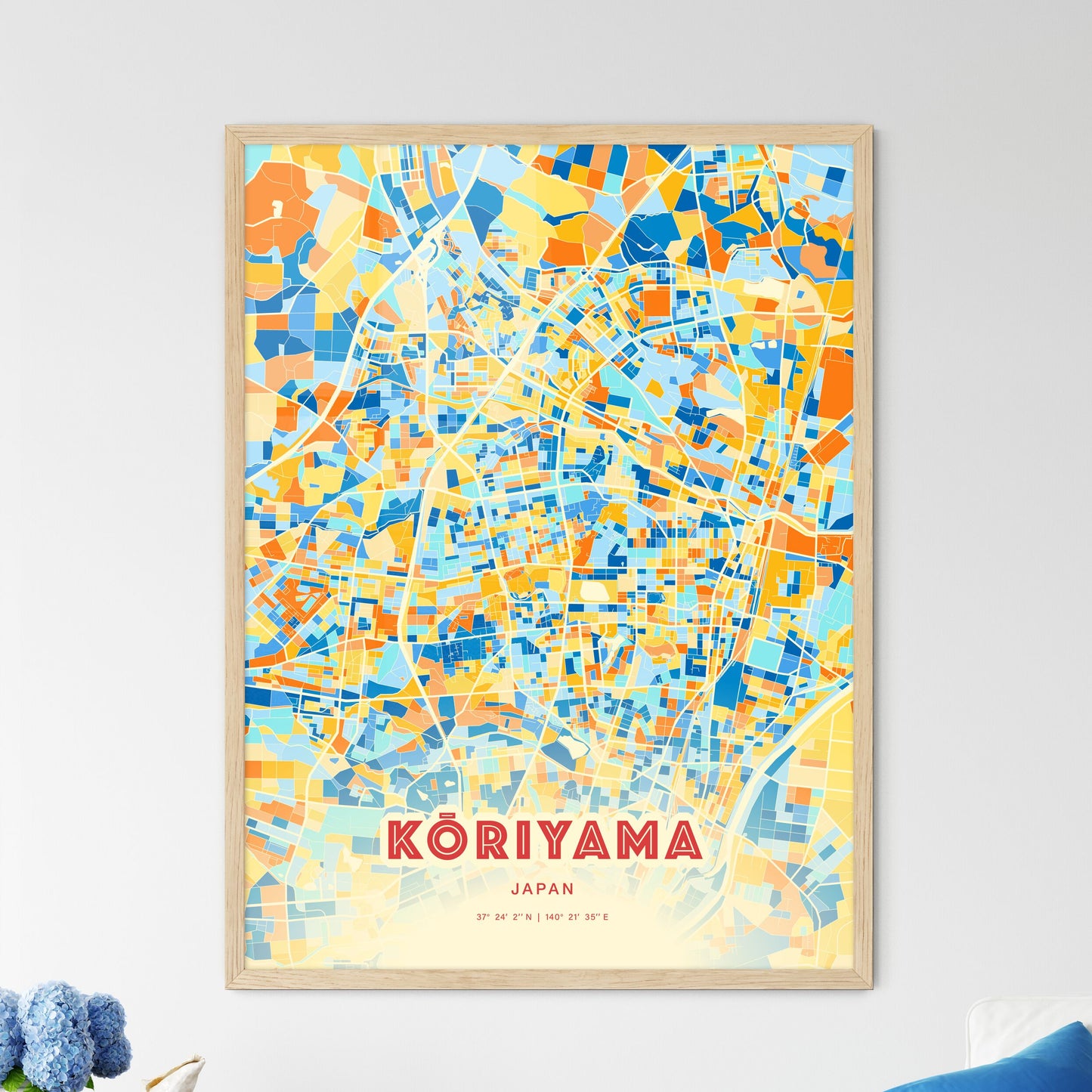 Colorful KŌRIYAMA JAPAN Fine Art Map Blue Orange